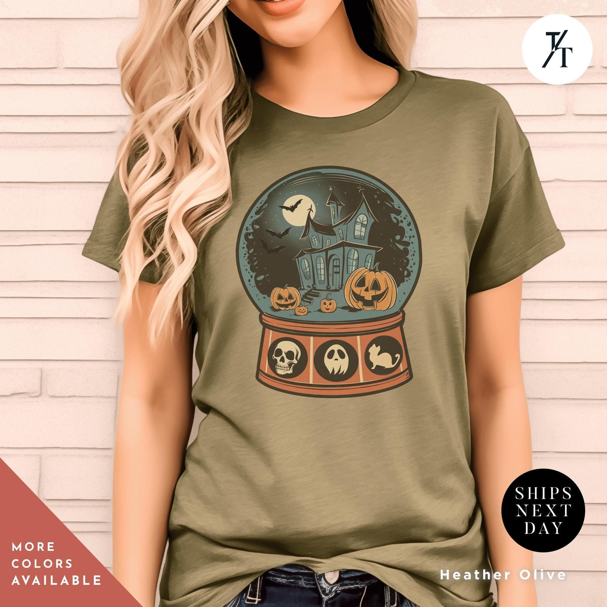 a woman wearing a t - shirt with an image of a halloween snow globe, Retro Halloween Shirt, Long Live Halloween, Vintage Halloween Shirt, Retro Halloween, Fall Apparel spooky Season Tee Pumpkin Shirt Black Cat