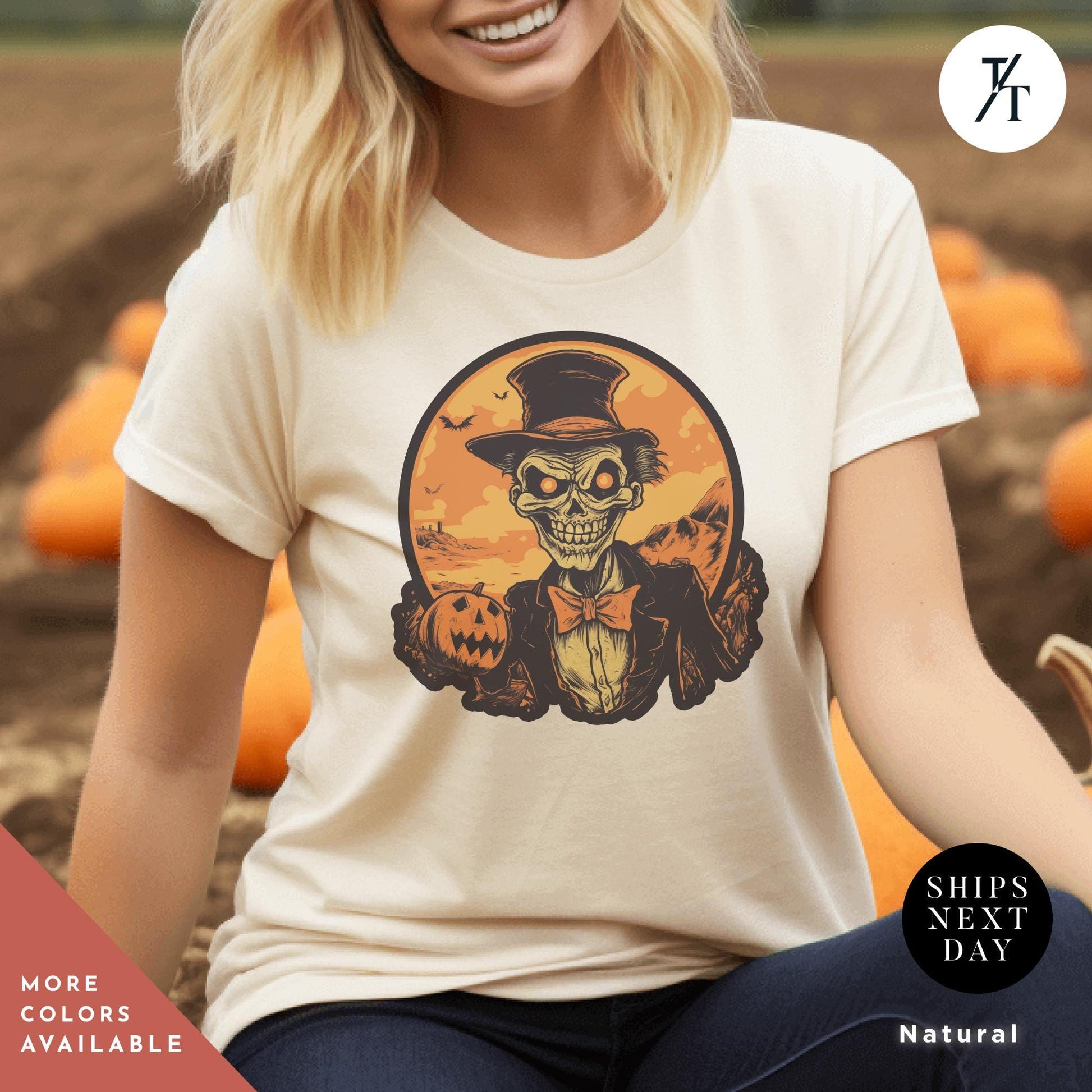 a woman wearing a t - shirt with a skeleton wearing a top hat, Skeleton Halloween Crewneck Halloween shirt, Vintage Halloween Tee, till death do us part skeleton shirt, Retro Skelly Spooky Season Gift