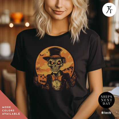 a woman wearing a black shirt with a skeleton wearing a top hat, Skeleton Halloween Crewneck Halloween shirt, Vintage Halloween Tee, till death do us part skeleton shirt, Retro Skelly Spooky Season Gift