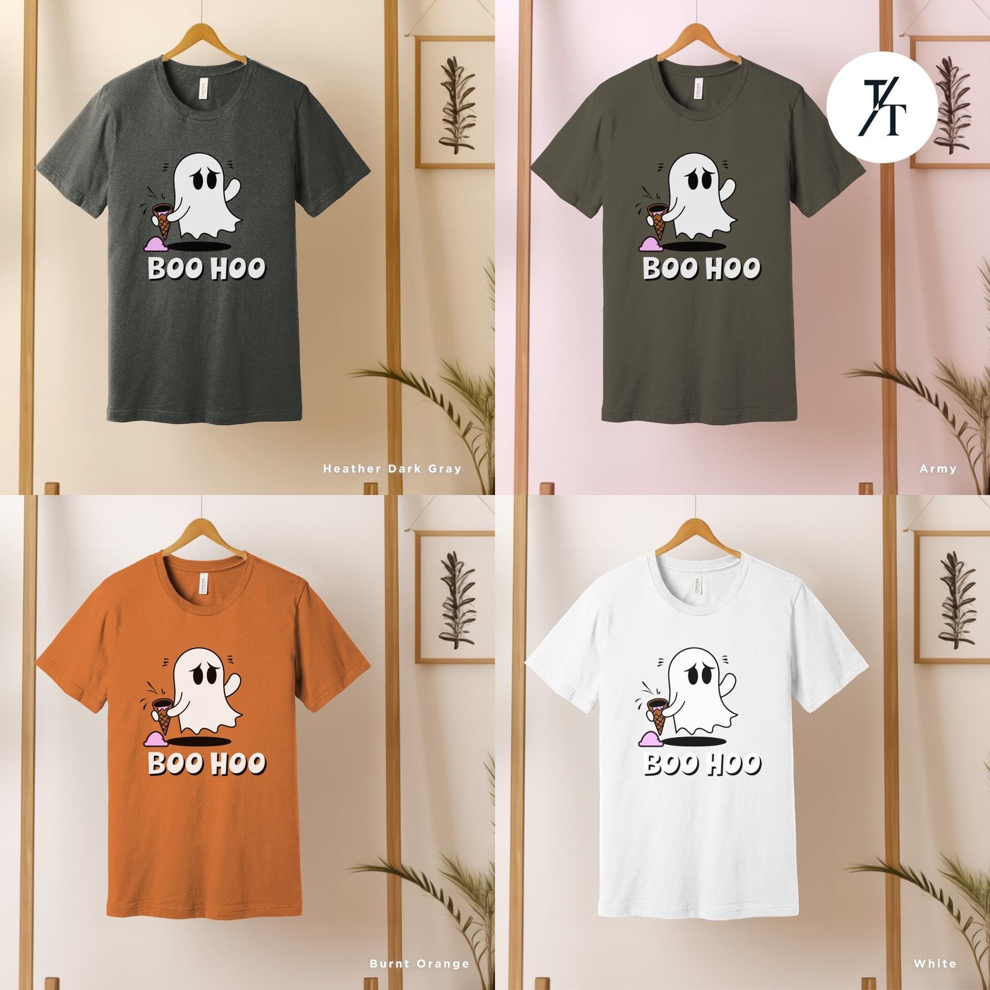 four different t - shirts with ghost faces on them, a t - shirt with a ghost and ice cream cone, Halloween Ice Cream Ghost Tee, Ghost Ice Cream Cone shirt, ghosts boo hoo Spooky Season Shirt, Cute Funny Halloween Tee cute ghosts tshirt,