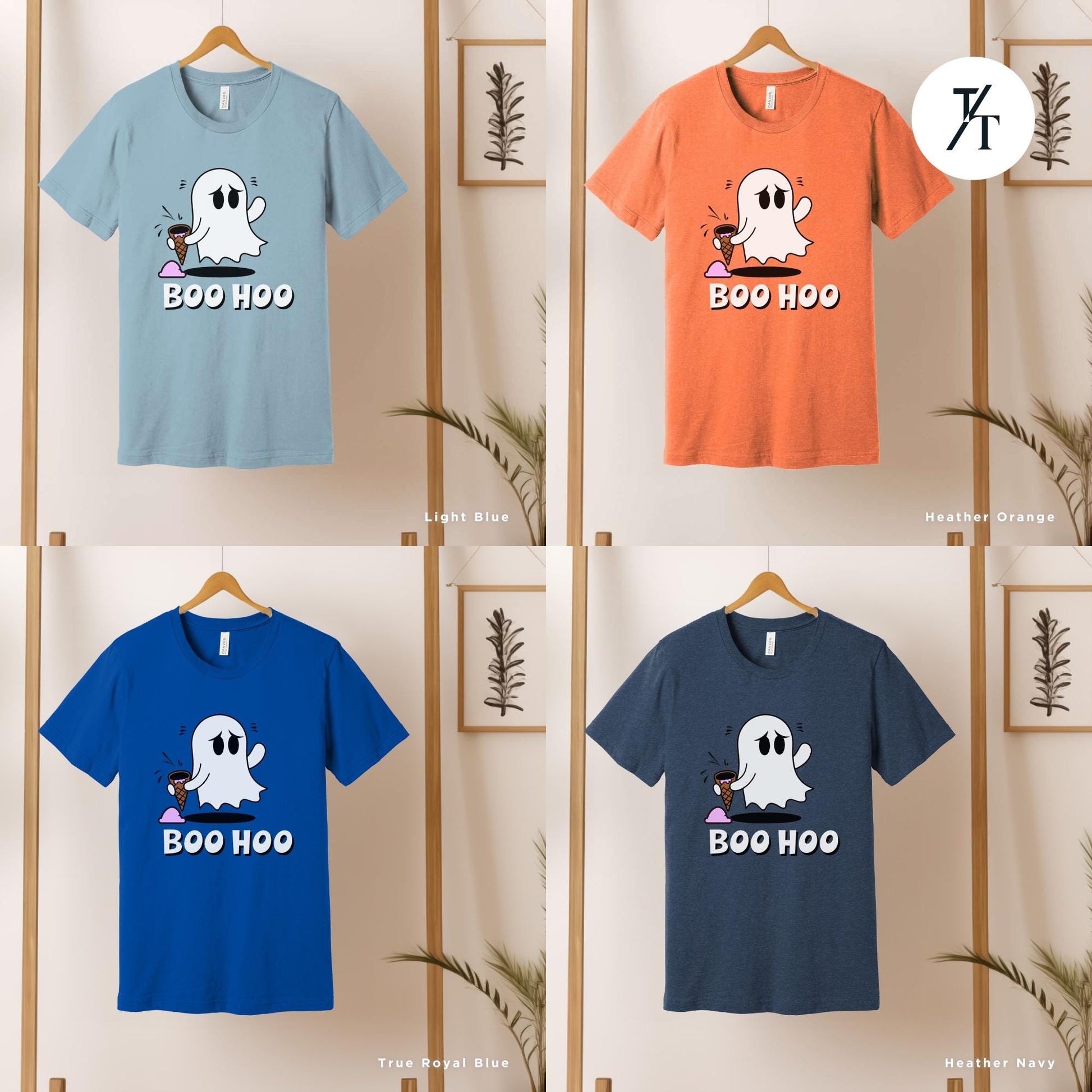 a group of four t - shirts with ghost on them, a t - shirt with a ghost and ice cream cone, Halloween Ice Cream Ghost Tee, Ghost Ice Cream Cone shirt, ghosts boo hoo Spooky Season Shirt, Cute Funny Halloween Tee cute ghosts tshirt,