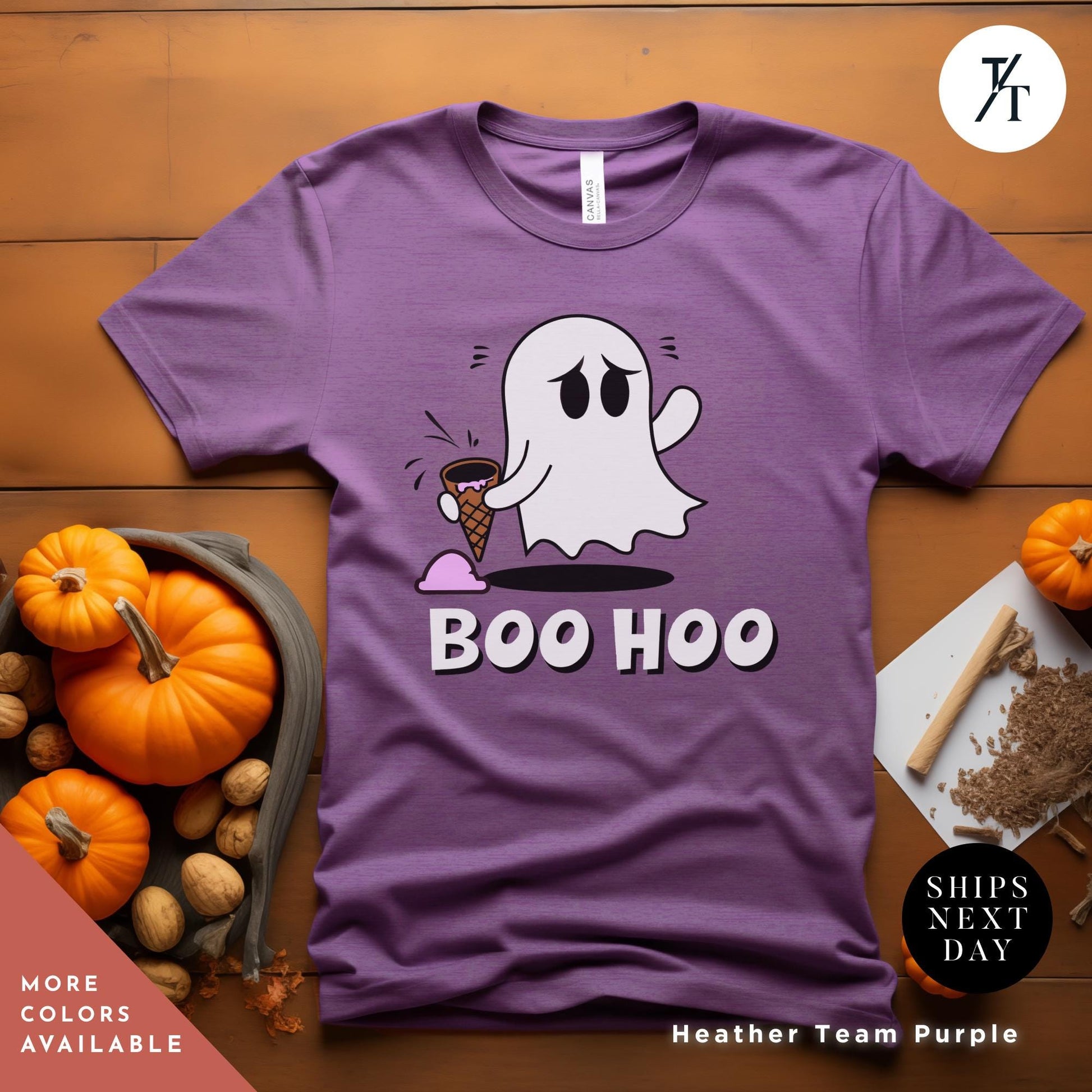 a purple t - shirt with a ghost eating an ice cream cone, a t - shirt with a ghost and ice cream cone, Halloween Ice Cream Ghost Tee, Ghost Ice Cream Cone shirt, ghosts boo hoo Spooky Season Shirt, Cute Funny Halloween Tee cute ghosts tshirt,