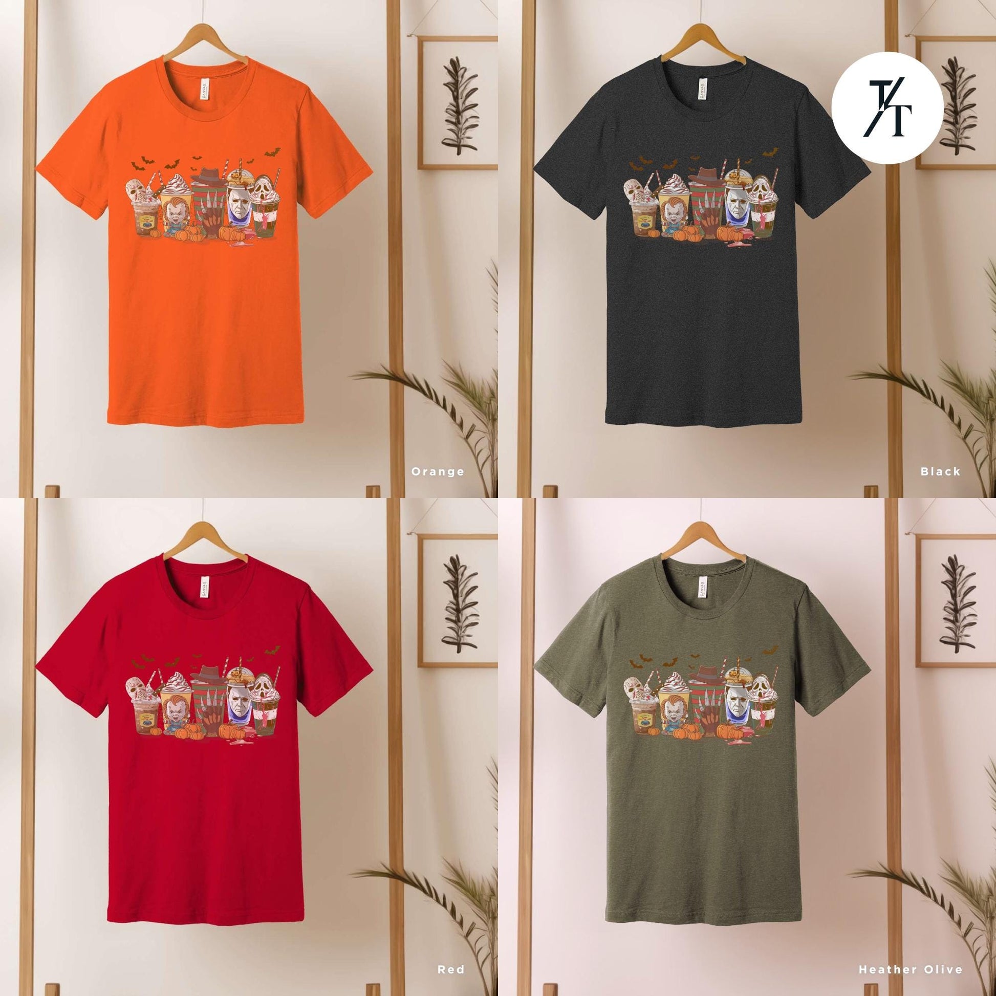 a group of four t - shirts hanging on a wall, a group of Halloween horror characters on coffee cups , Halloween horror characters coffee shirt, Horror Character Coffee Cups Shirt, Halloween Drink Cozy Fall Pumpkin Spice Latte Womens Fall tee