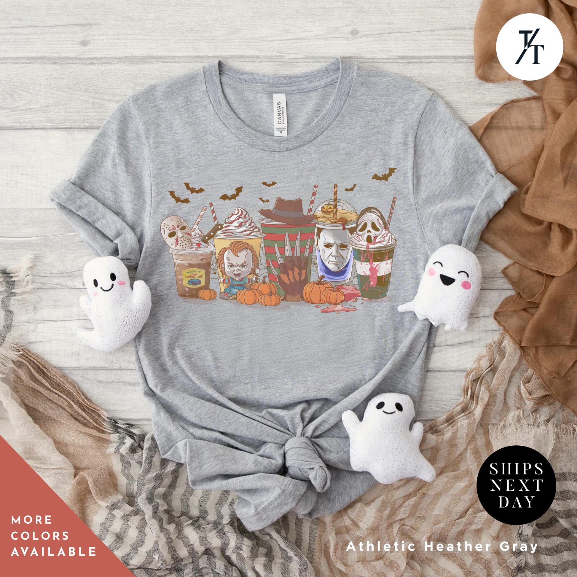 a t - shirt with a group of Halloween horror characters on coffee cups , Halloween horror characters coffee shirt, Horror Character Coffee Cups Shirt, Halloween Drink Cozy Fall Pumpkin Spice Latte Womens Fall tee