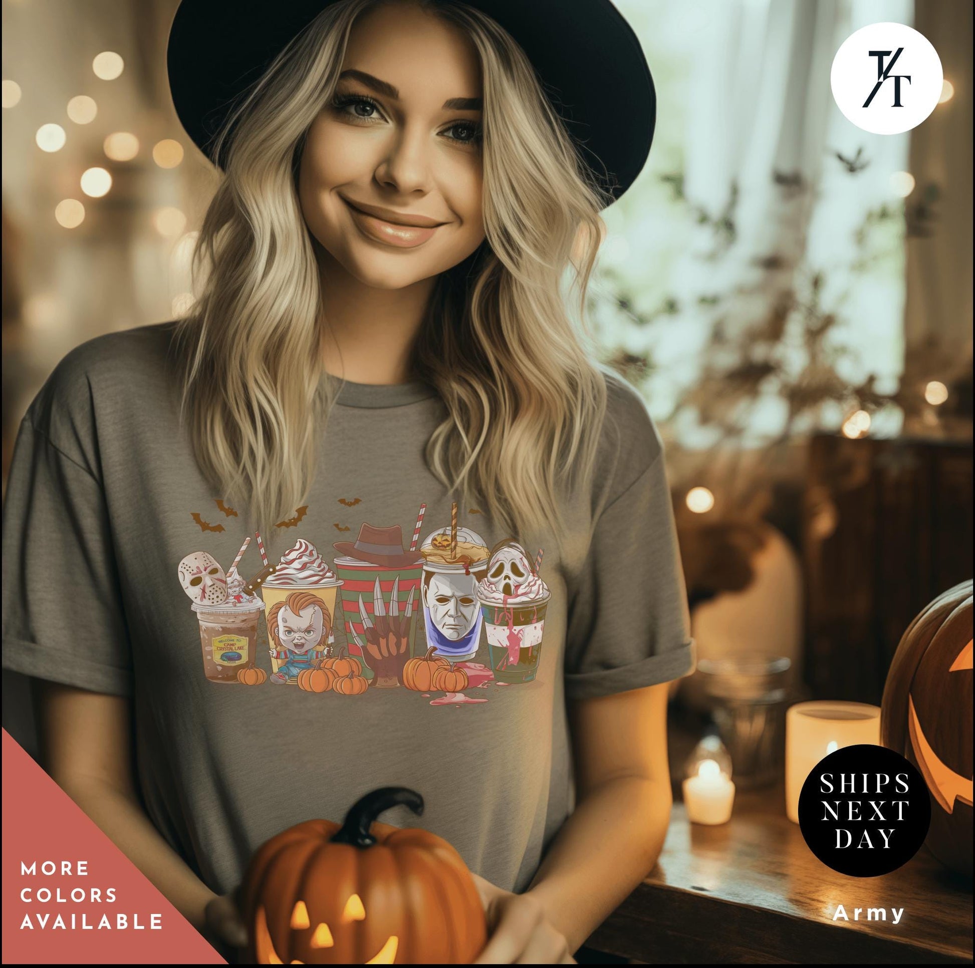a woman holding a pumpkin in front of a table, a group of Halloween horror characters on coffee cups , Halloween horror characters coffee shirt, Horror Character Coffee Cups Shirt, Halloween Drink Cozy Fall Pumpkin Spice Latte Womens Fall tee