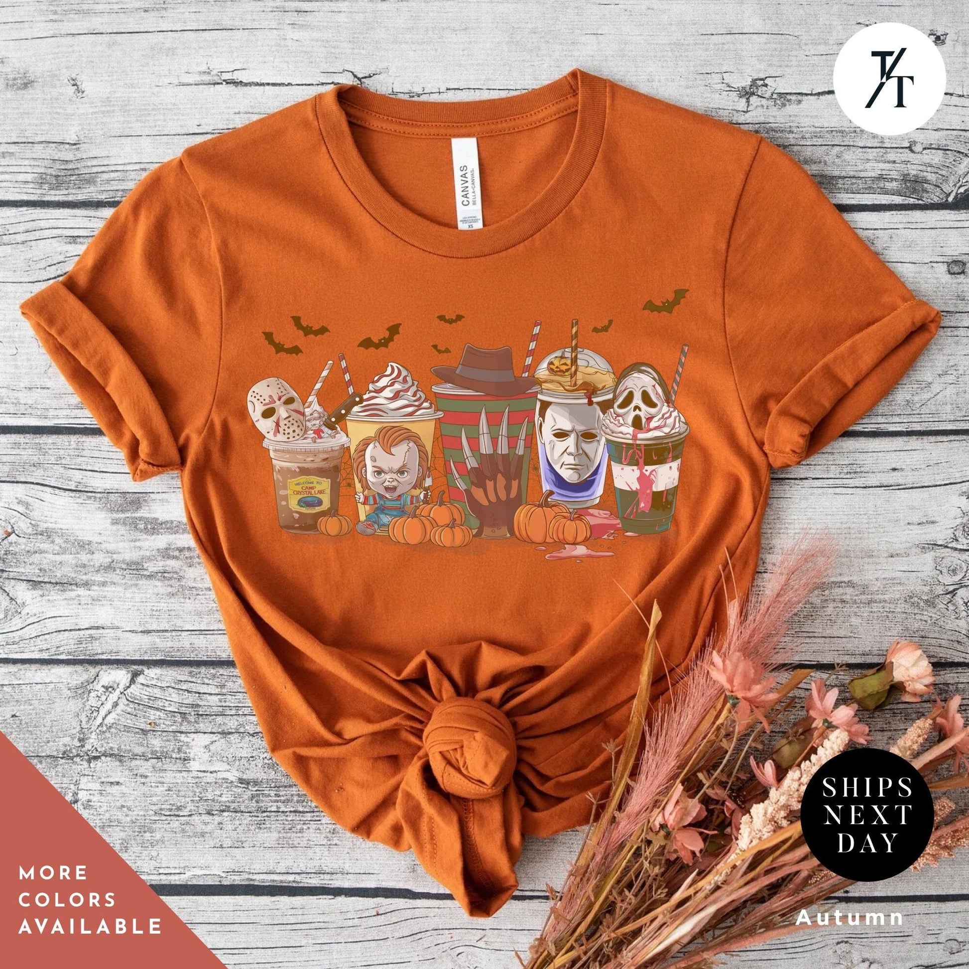 a t - shirt with a picture of a group of Halloween horror characters on coffee cups , Halloween horror characters coffee shirt, Horror Character Coffee Cups Shirt, Halloween Drink Cozy Fall Pumpkin Spice Latte Womens Fall tee
