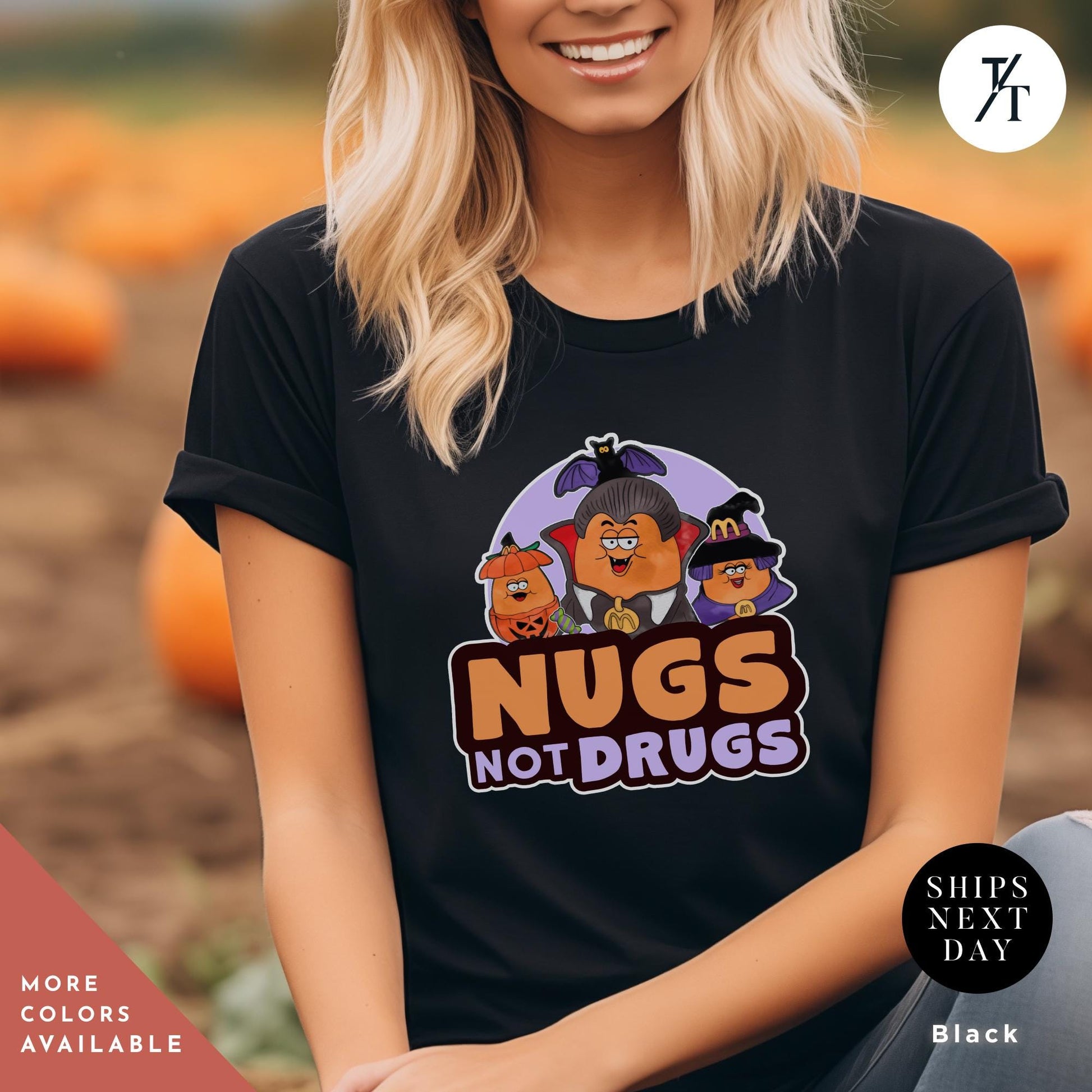 a woman wearing a black t - shirt that says nugs not drugs, Retro Halloween Chicken Nuggets Shirt, Spooky Nuggets Tee, McDonald&#39;s Halloween, Funny Fall Gift, Vintage Spooky Season Shirt chicken nugget