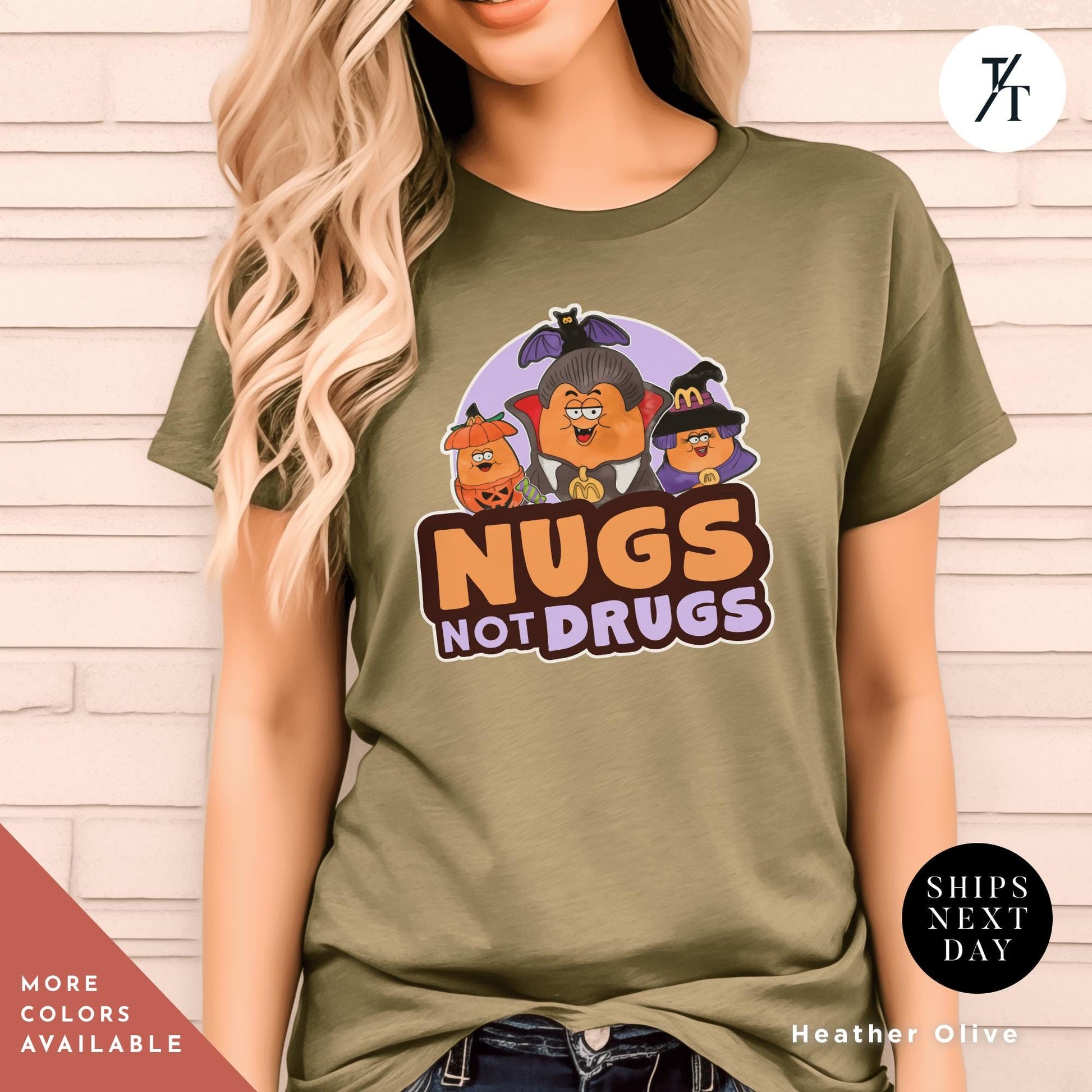 a woman wearing a t - shirt that says, drugs not drugs, Retro Halloween Chicken Nuggets Shirt, Spooky Nuggets Tee, McDonald&#39;s Halloween, Funny Fall Gift, Vintage Spooky Season Shirt chicken nugget