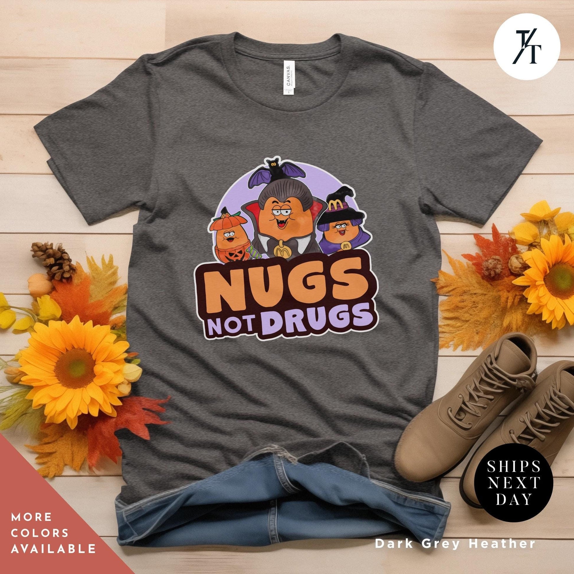 a t - shirt with the words nugs not drugs on it, Retro Halloween Chicken Nuggets Shirt, Spooky Nuggets Tee, McDonald&#39;s Halloween, Funny Fall Gift, Vintage Spooky Season Shirt chicken nugget