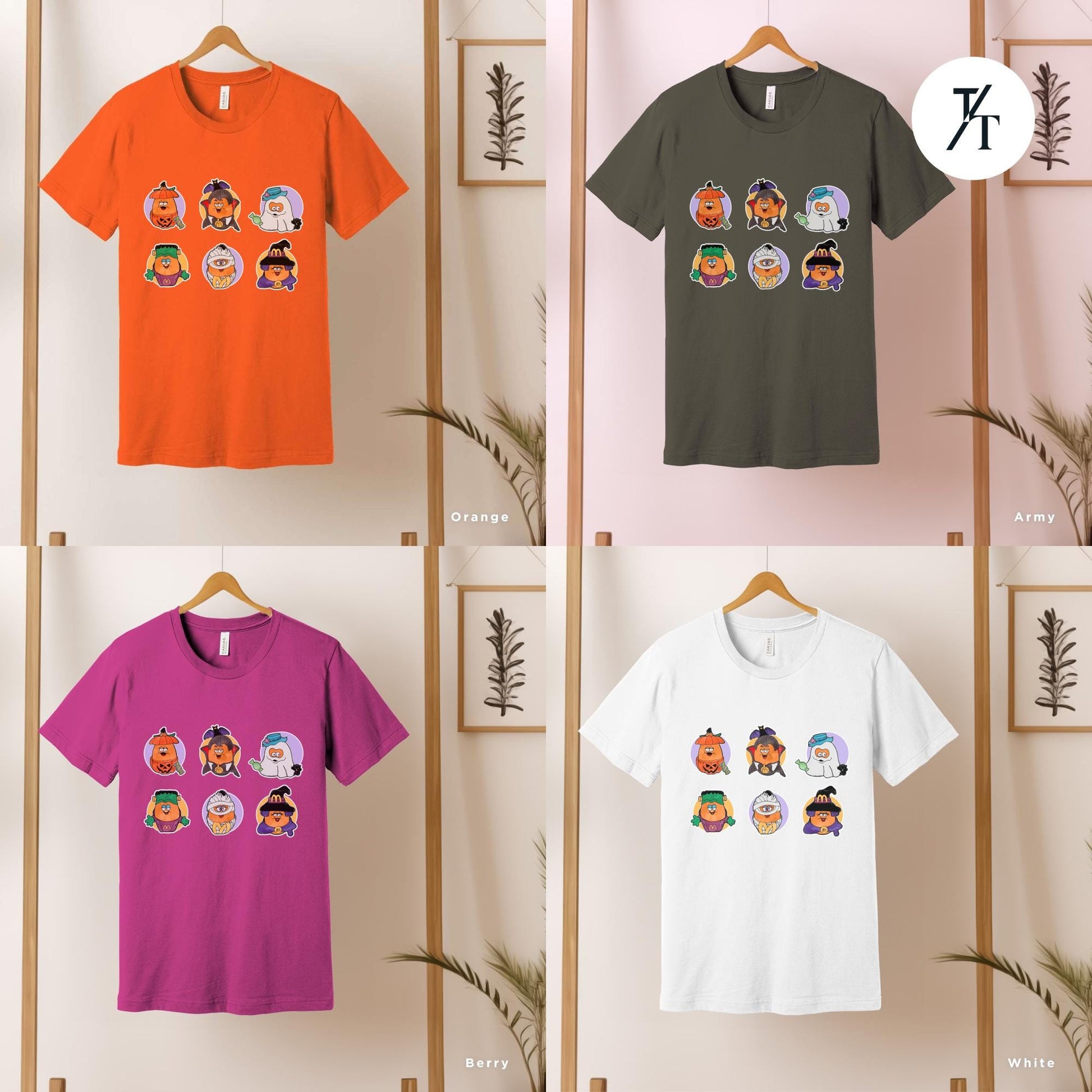 a group of t - shirts hanging on a wall, Halloween Nuggets Shirt, Retro Halloween Tee, Vintage Scary Chicken Nugget Lover Gift, 80s Kids Throwback, Spooky Season Shirt