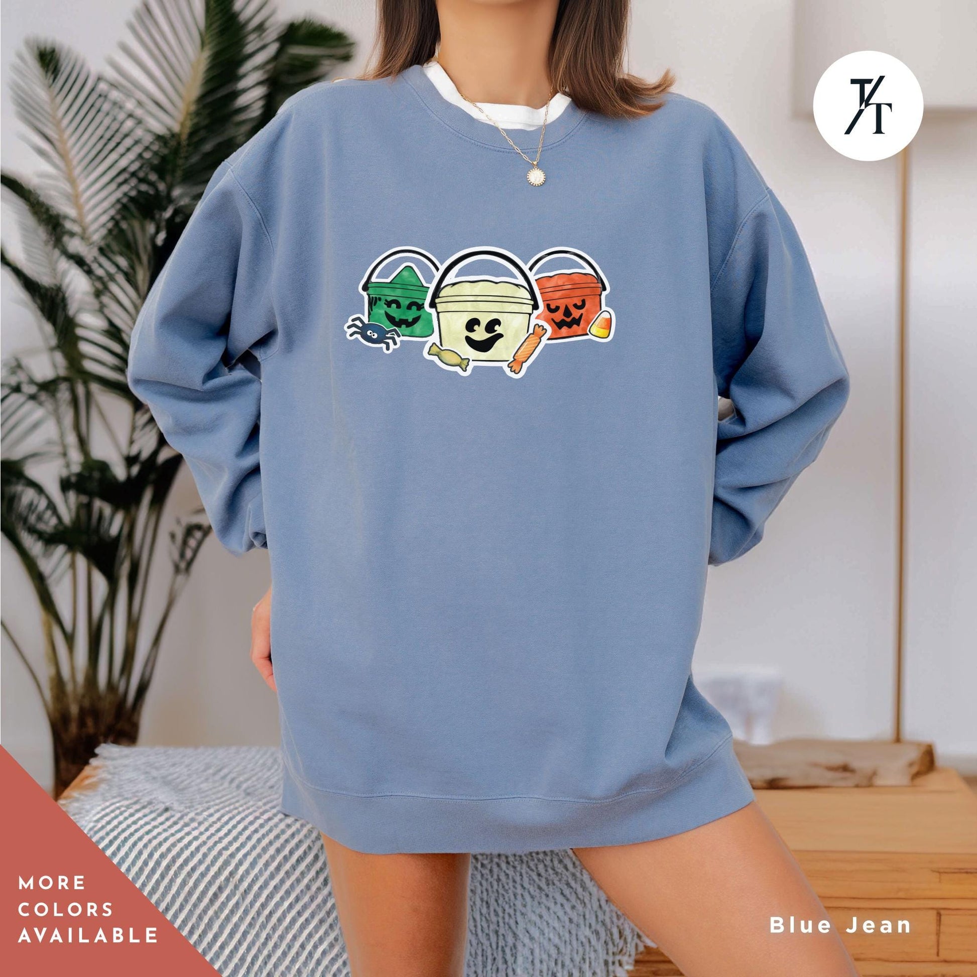 a woman wearing a blue sweatshirt dress with three bears on it, Comfort colors halloween boo bucket sweatshirt, Boo Bucket Shirt, Mcdonalds Halloween Sweatshirt, Retro 90S Crewneck sweater 90S Ghoul
