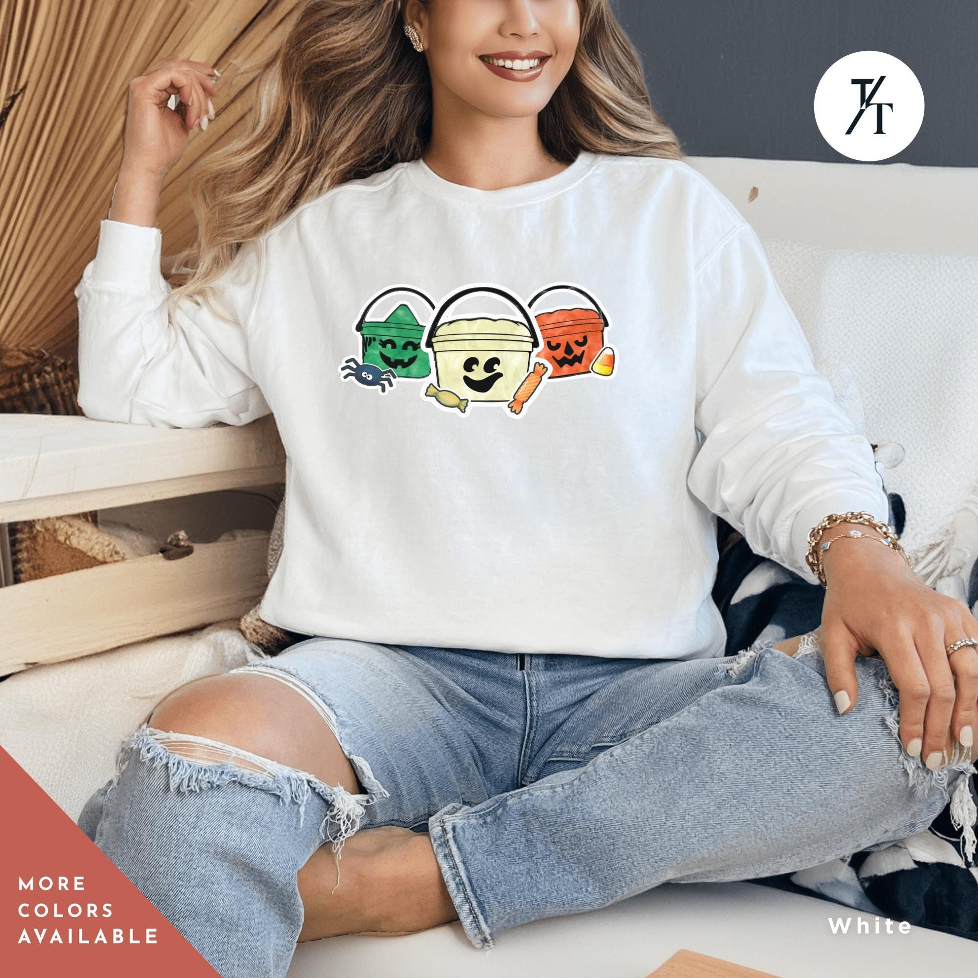 a woman sitting on a couch wearing a white shirt with three faces on itm Comfort colors halloween boo bucket sweatshirt, Boo Bucket Shirt, Mcdonalds Halloween Sweatshirt, Retro 90S Crewneck sweater 90S Ghoul