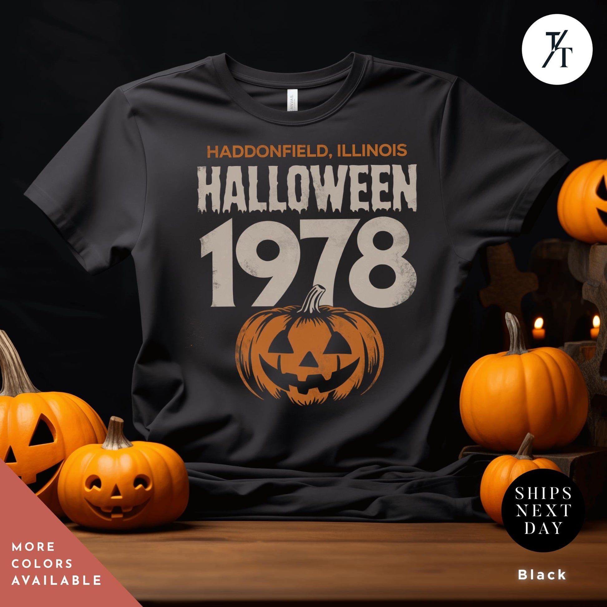 a black shirt with a pumpkin and jack - o&#39;- lantern on it, Retro halloween 1978 t-shirt Michael Myers Shirt 1978 Halloween Movie Party Tee, Vintage John Carpenter, Spooky Season Original Scary movie
