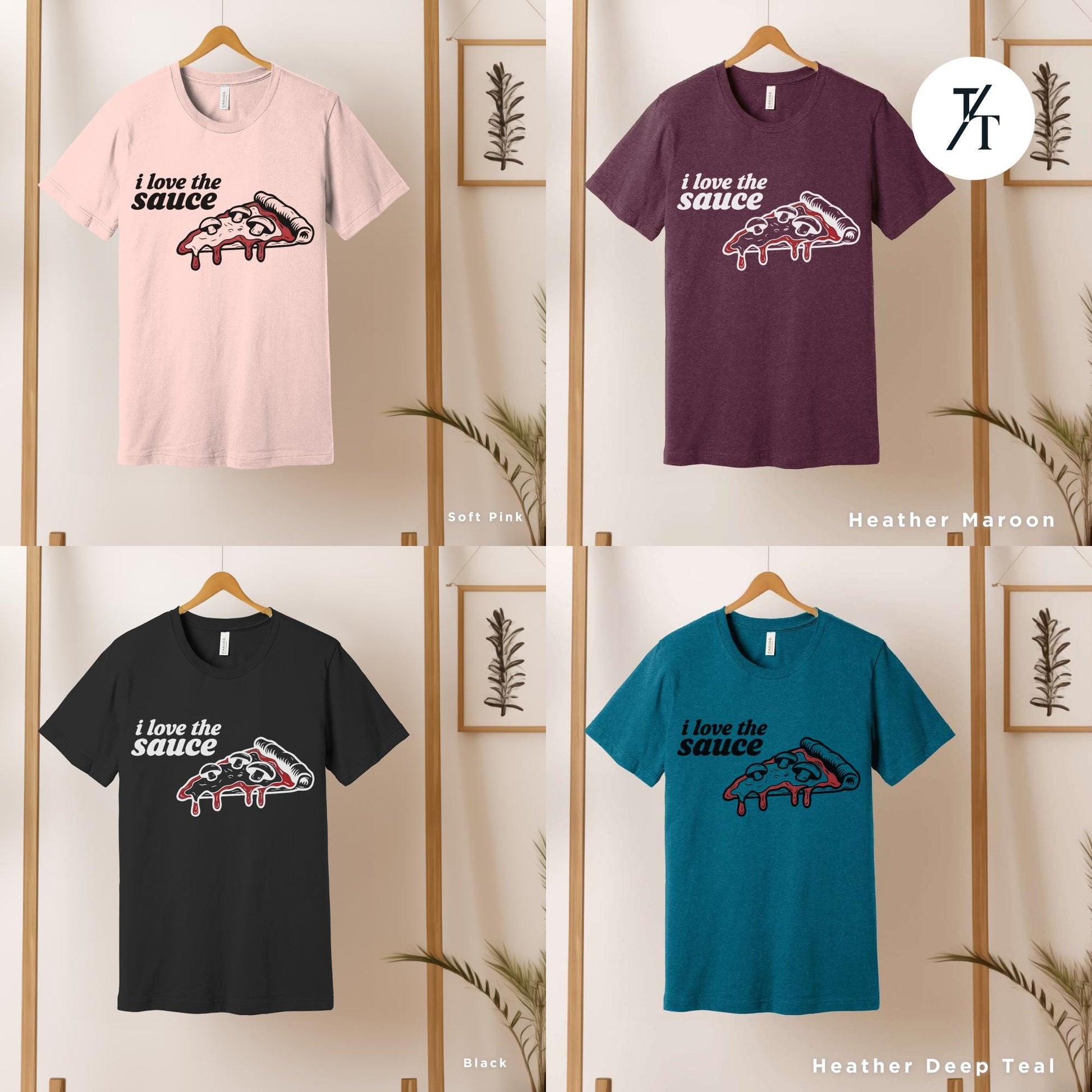 four t - shirts hanging on a wooden rack, Pizza Lover Gift, Retro Funny Pizza Shirt, Pop Culture Tee, Vintage Pizzas Graphic T-Shirt, Pizzas Theme Birthday Party Shirts,