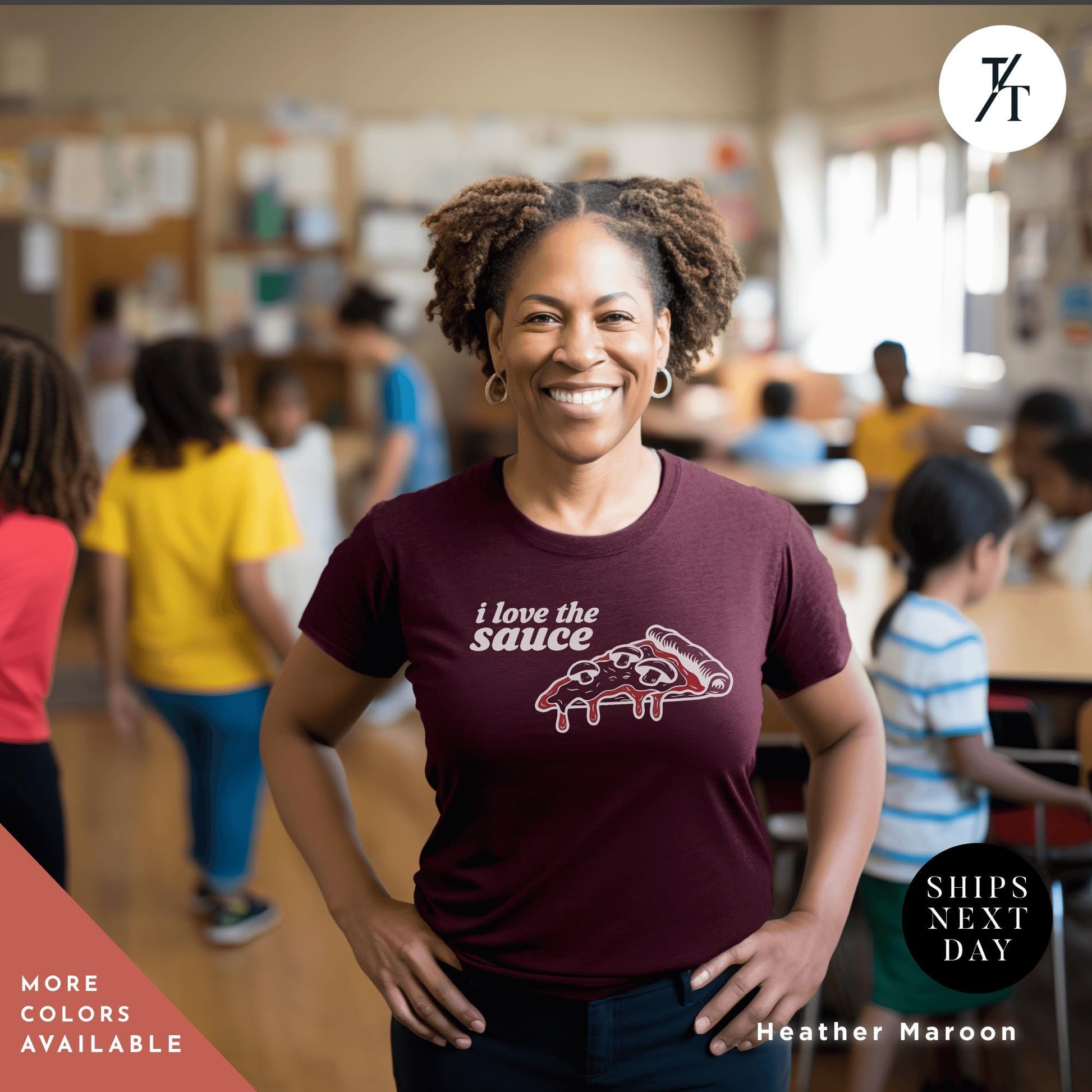 a woman standing in a classroom with her hands on her hips