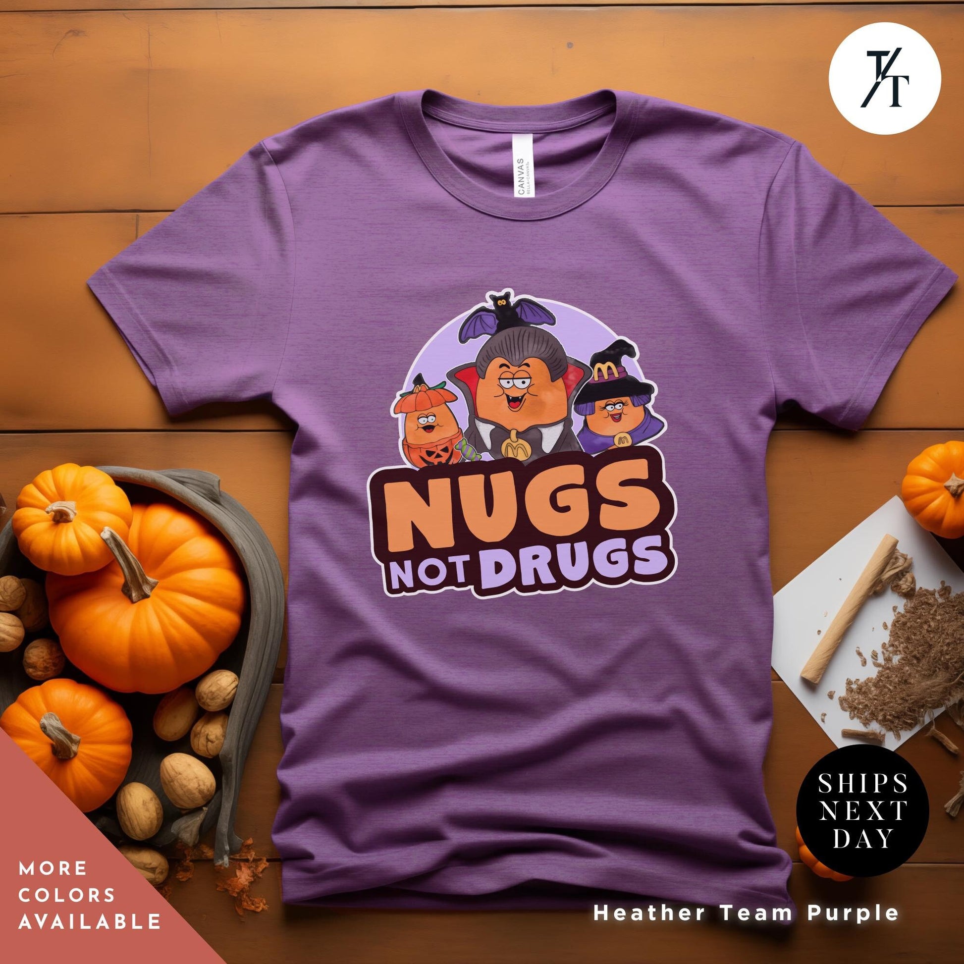 a purple t - shirt with the words nugs not drugs on it, Retro Halloween Chicken Nuggets Shirt, Spooky Nuggets Tee, McDonald&#39;s Halloween, Funny Fall Gift, Vintage Spooky Season Shirt chicken nugget