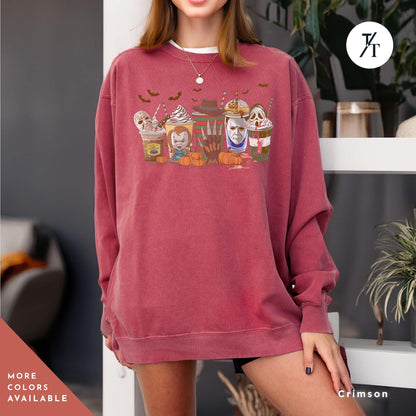 a woman wearing a red sweatshirt with a picture of group of halloween horror characters on coffee drinks on it,  Skeleton Coffee Cups Sweatshirt, Coffee Cups Sweatshirt, Skull Coffee Cup Sweatshirt, Skeleton Halloween Sweatshirt,