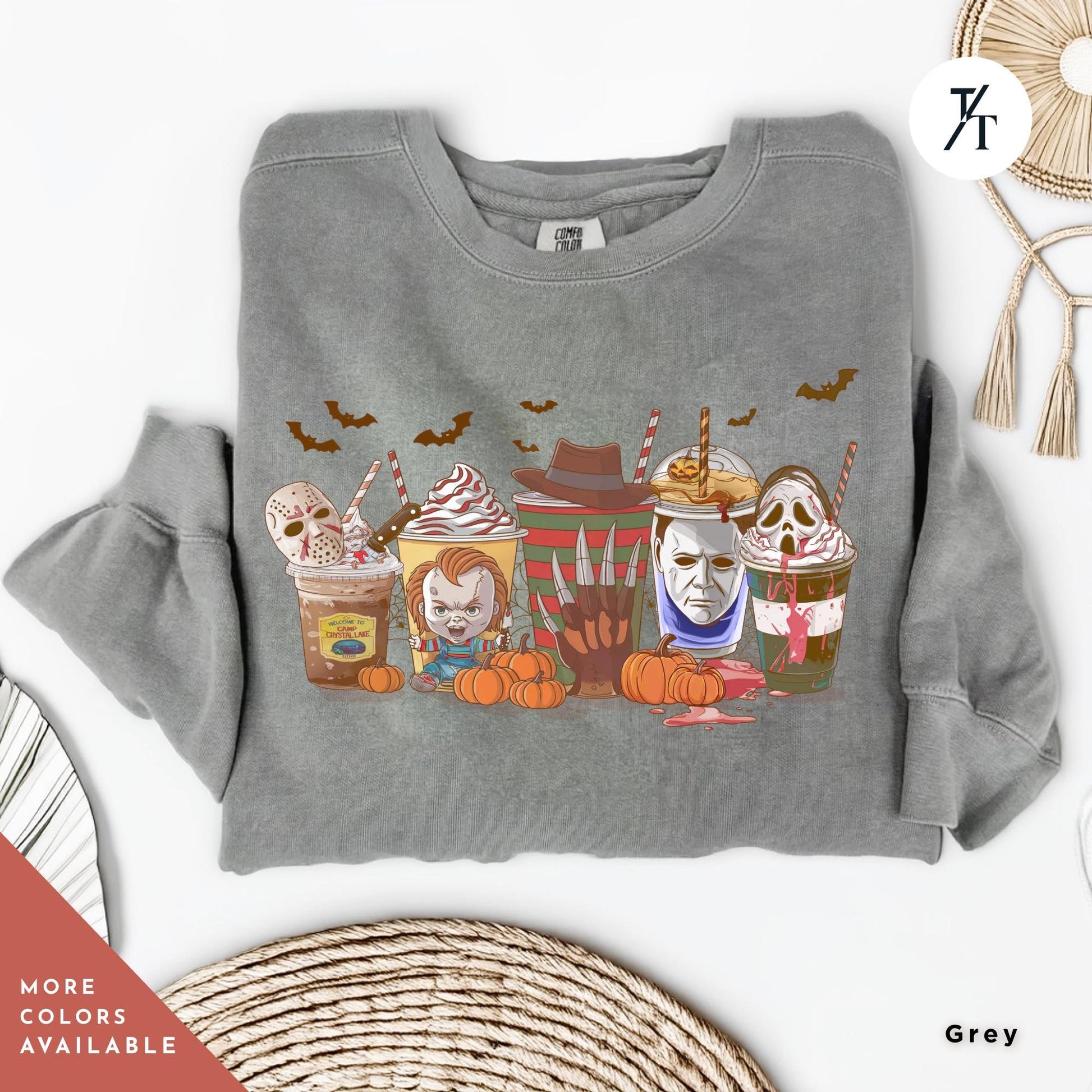 a grey sweatshirt with a picture of a group of halloween horror characters on coffee drinks on it,  Skeleton Coffee Cups Sweatshirt, Coffee Cups Sweatshirt, Skull Coffee Cup Sweatshirt, Skeleton Halloween Sweatshirt, Coffee Lover Sweatshirt
