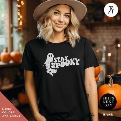 Stay Spooky Shirt, Cute Ghosts Shirt, Retro Halloween Gift Halloween Spooky Season Gift For Her, Vintage Cute Ghosts Tee, Skeleton Hand