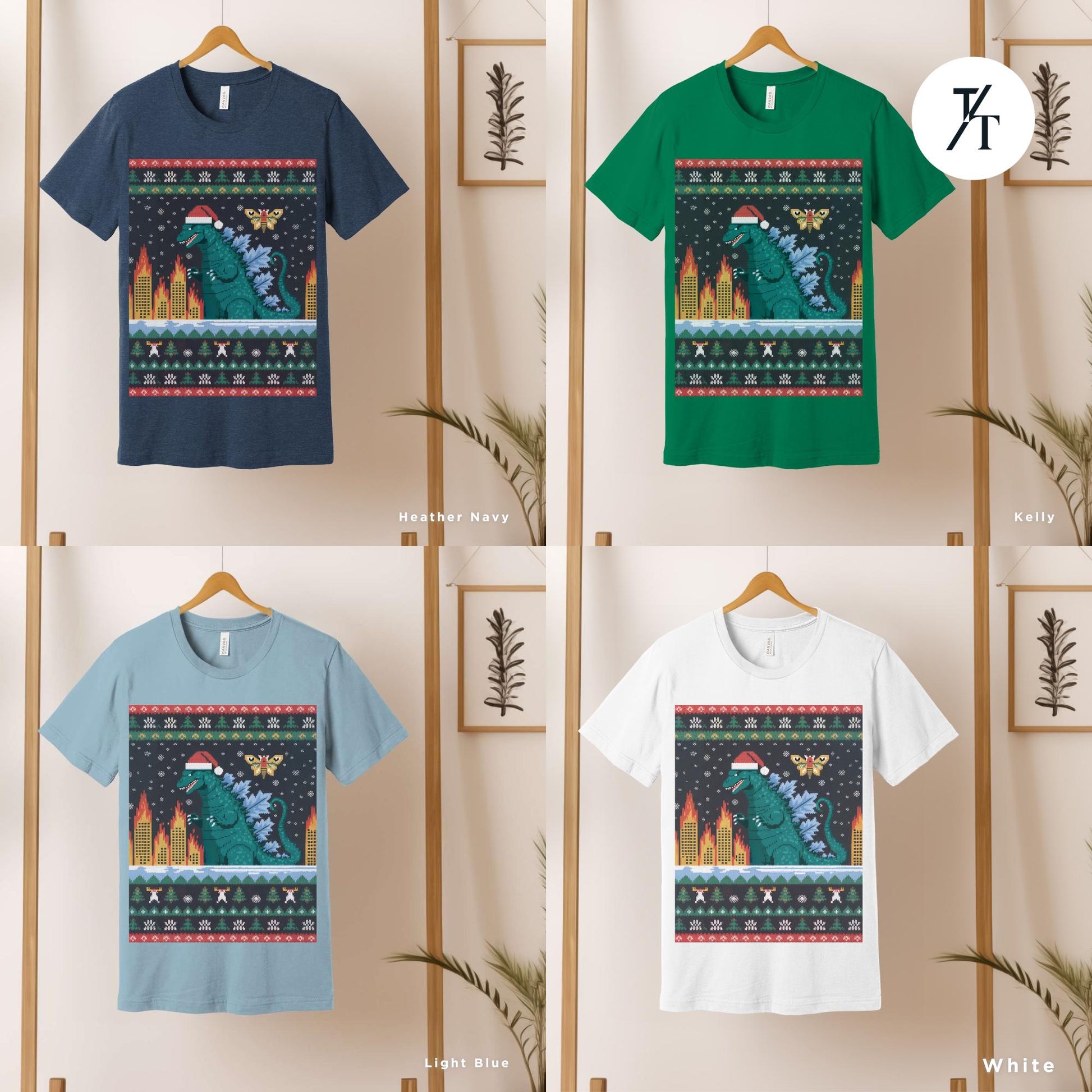 a group of t - shirts hanging on a wall, Godzilla christmas shirt, Funny Ugly Godzilla Christmas T-Shirt Men, Gift For Him, Holiday Party tShirt, King Of The Monsters Gifts For Dad