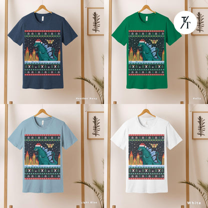 a group of t - shirts hanging on a wall, Godzilla christmas shirt, Funny Ugly Godzilla Christmas T-Shirt Men, Gift For Him, Holiday Party tShirt, King Of The Monsters Gifts For Dad