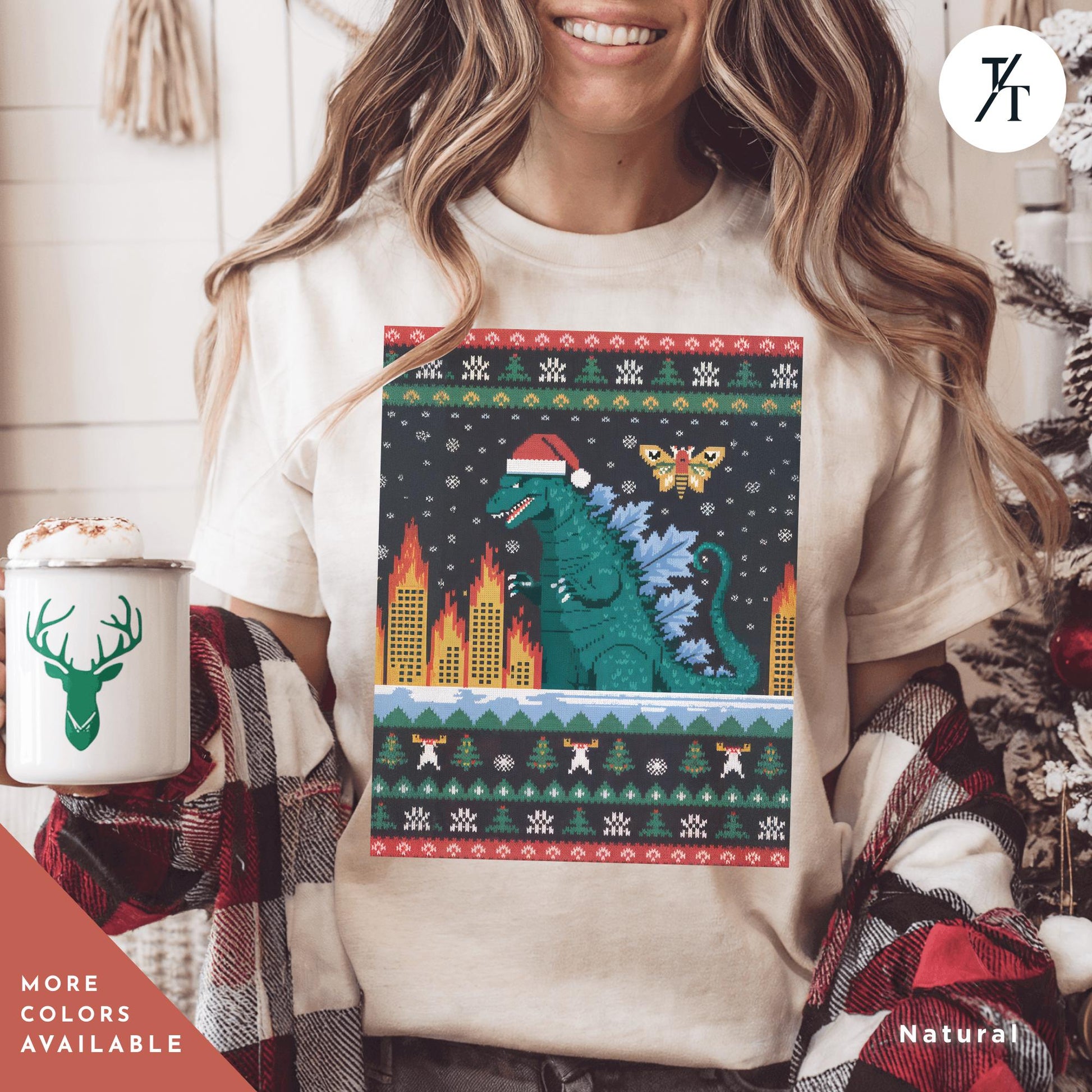 a woman holding a cup of coffee wearing a Godzilla christmas shirt, Funny Ugly Godzilla Christmas T-Shirt Men, Gift For Him, Holiday Party tShirt, King Of The Monsters Gifts For Dad