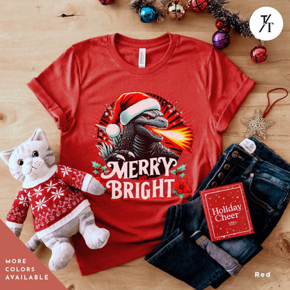 a red t - shirt with a picture of a  Godzilla christmas shirt, Gift For Him, Funny Christmas T-Shirt Men, Ugly Godzilla Holiday Party tShirt, King Of The Monsters Gifts For Dad