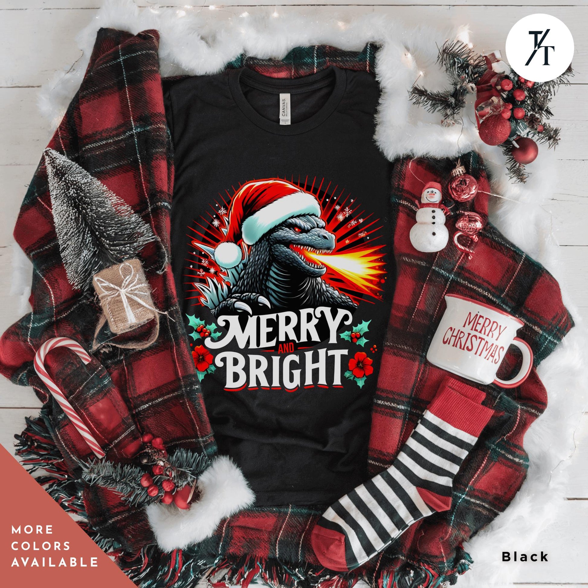 a t - shirt that says merry bright that&#39;s a Godzilla christmas shirt, Gift For Him, Funny Christmas T-Shirt Men, Ugly Godzilla Holiday Party tShirt, King Of The Monsters Gifts For Dad