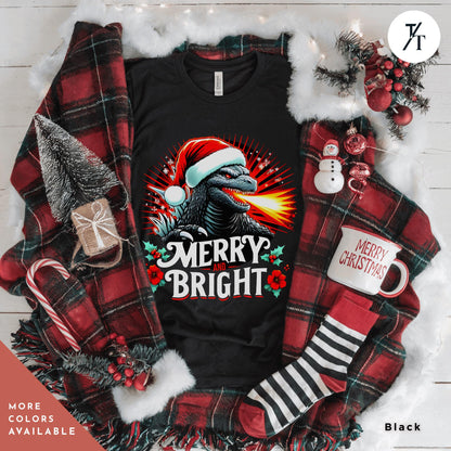 a t - shirt that says merry bright that&#39;s a Godzilla christmas shirt, Gift For Him, Funny Christmas T-Shirt Men, Ugly Godzilla Holiday Party tShirt, King Of The Monsters Gifts For Dad