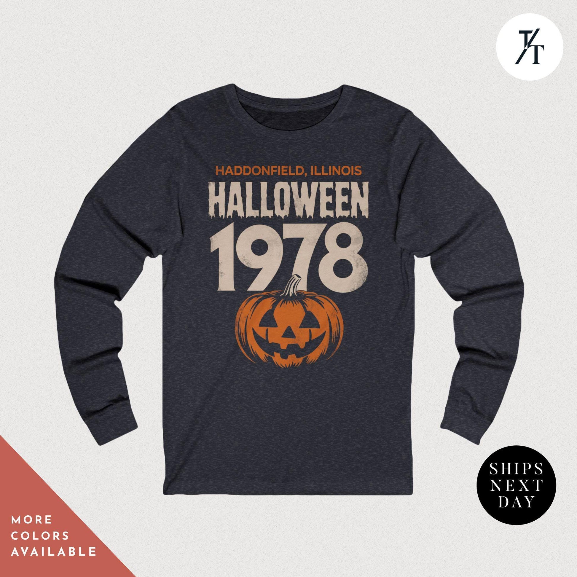 a black halloween shirt with a jack - o&#39;- lantern on it, Retro halloween 1978 pumpkin t-shirt long sleeve Michael Myers Shirt 1978 Halloween Movie Party Tee, Vintage John Carpenter Spooky Season