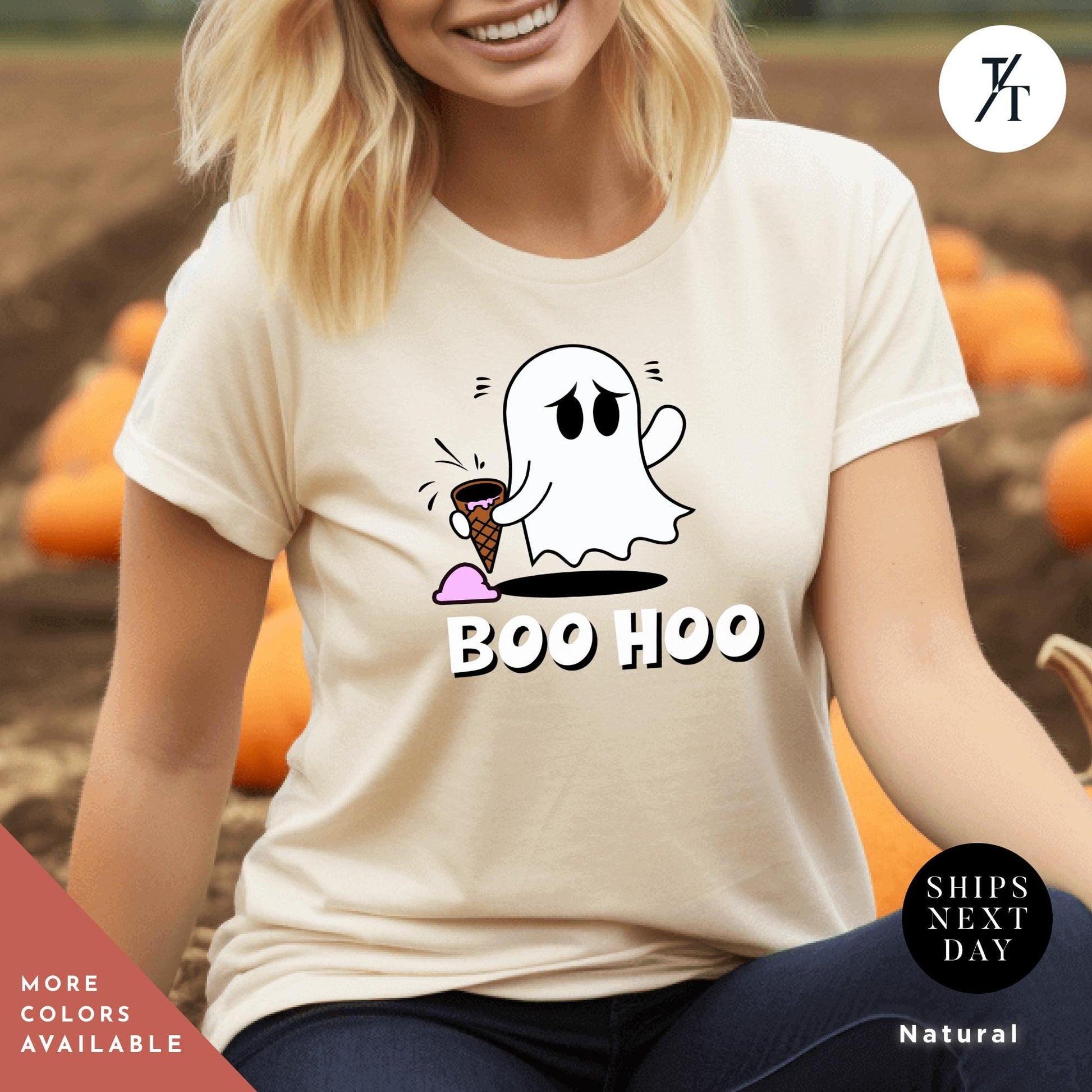 a woman wearing a t - shirt that says boo hoo, a t - shirt with a ghost and ice cream cone, Halloween Ice Cream Ghost Tee, Ghost Ice Cream Cone shirt, ghosts boo hoo Spooky Season Shirt, Cute Funny Halloween Tee cute ghosts tshirt,