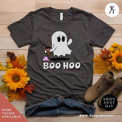 a t - shirt that says boo hoo with a ghost on it, a t - shirt with a ghost and ice cream cone, Halloween Ice Cream Ghost Tee, Ghost Ice Cream Cone shirt, ghosts boo hoo Spooky Season Shirt, Cute Funny Halloween Tee cute ghosts tshirt,