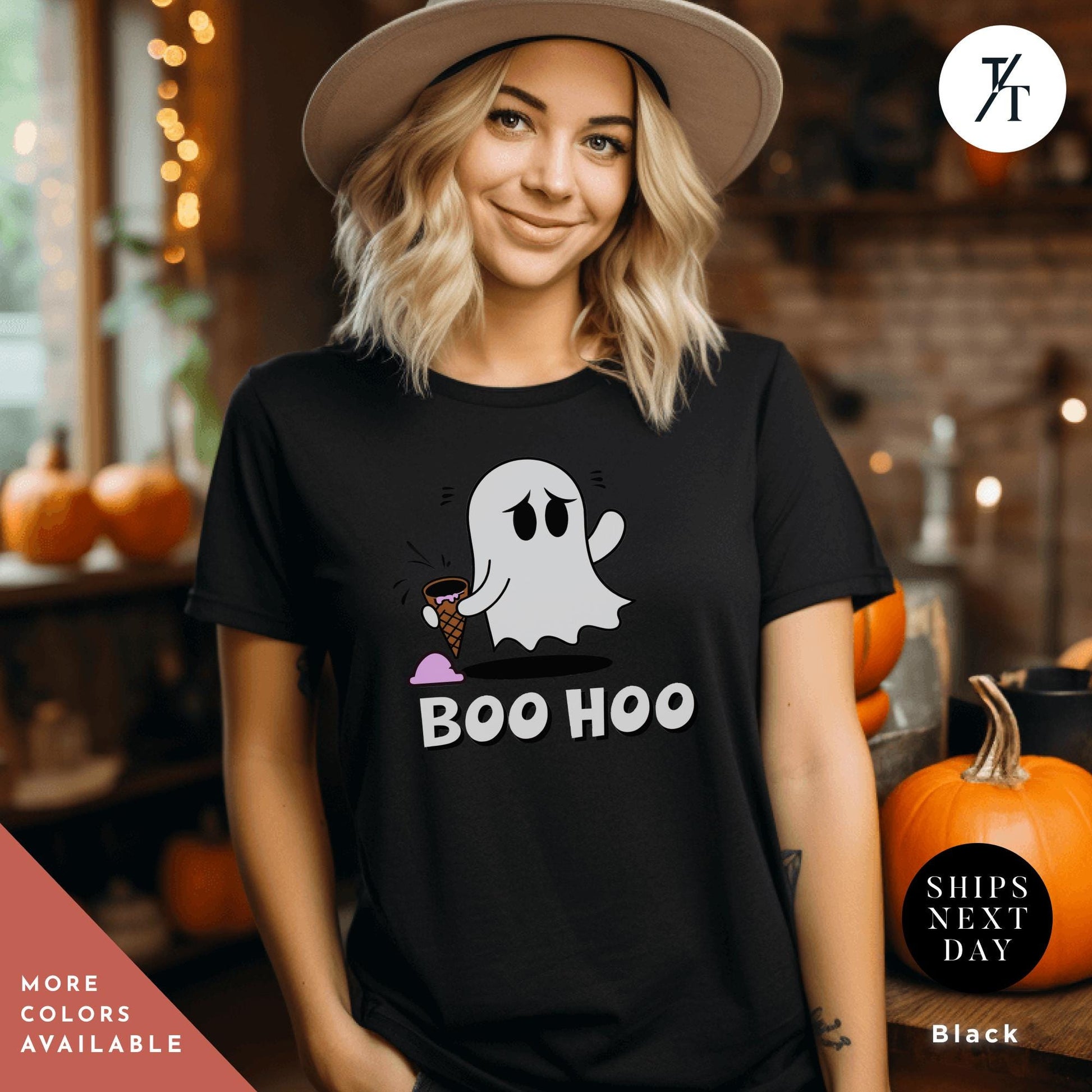 a woman wearing a black shirt that says boo hoo, a t - shirt with a ghost and ice cream cone, Halloween Ice Cream Ghost Tee, Ghost Ice Cream Cone shirt, ghosts boo hoo Spooky Season Shirt, Cute Funny Halloween Tee cute ghosts tshirt,