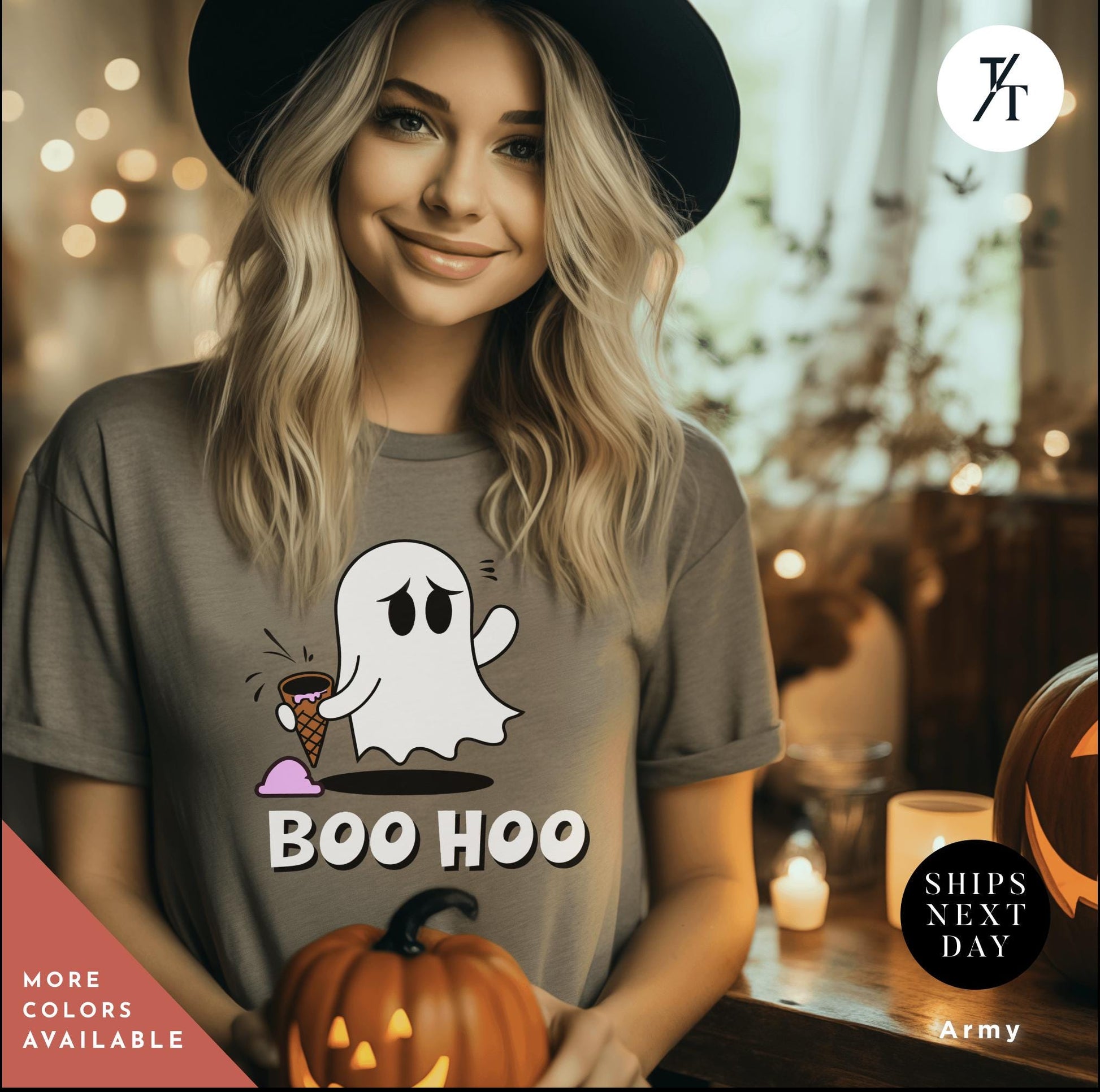 a woman wearing a boo hoo a t - shirt with a ghost and ice cream cone, Halloween Ice Cream Ghost Tee, Ghost Ice Cream Cone shirt, ghosts boo hoo Spooky Season Shirt, Cute Funny Halloween Tee cute ghosts tshirt,