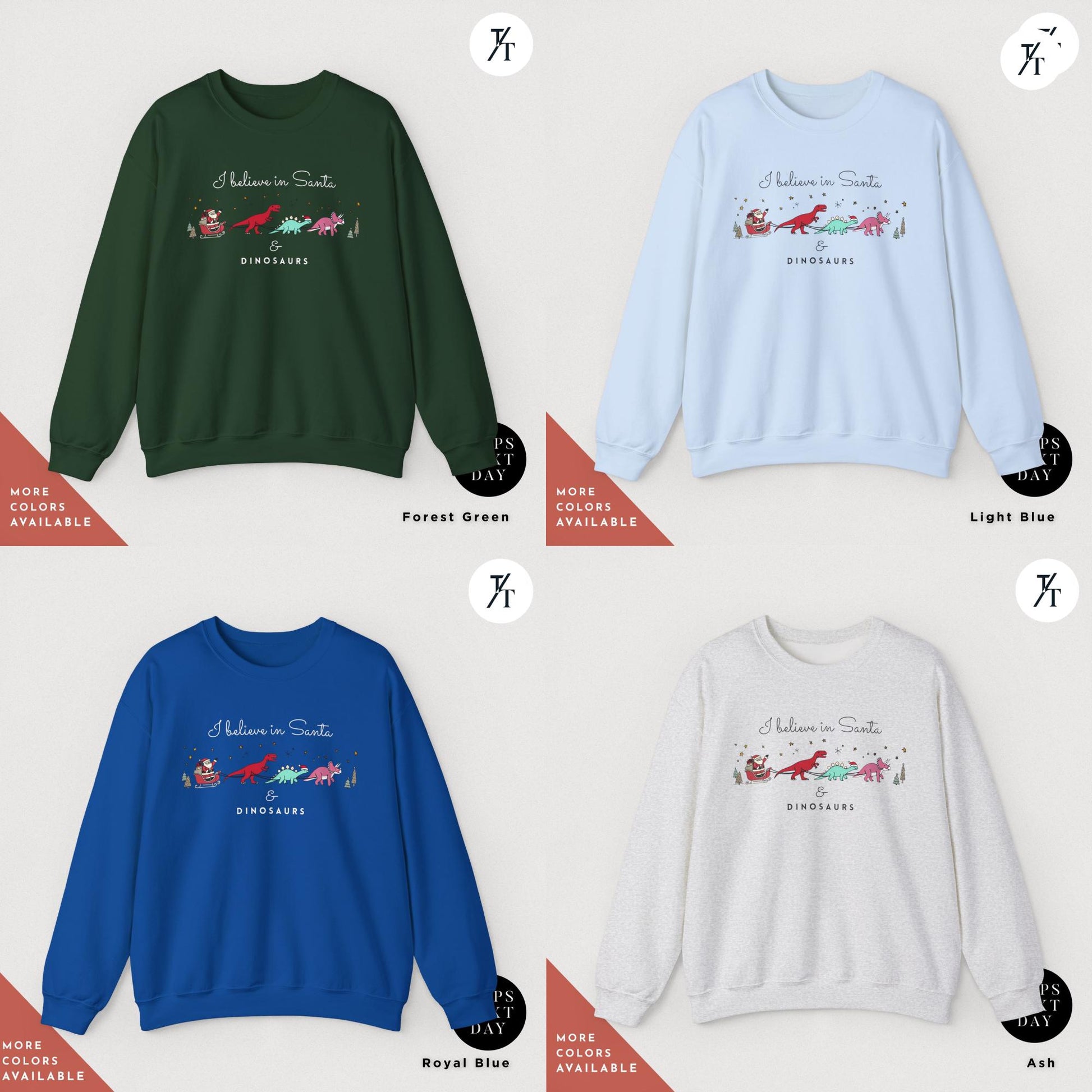 a group of four sweaters with different designs on them, I believe in santa and dinosaurs sweatshirt, Christmas Sweatshirt, I Believe In Santa Dinosaurs Sweatshirts, Christmas Gifts Holiday Sweater