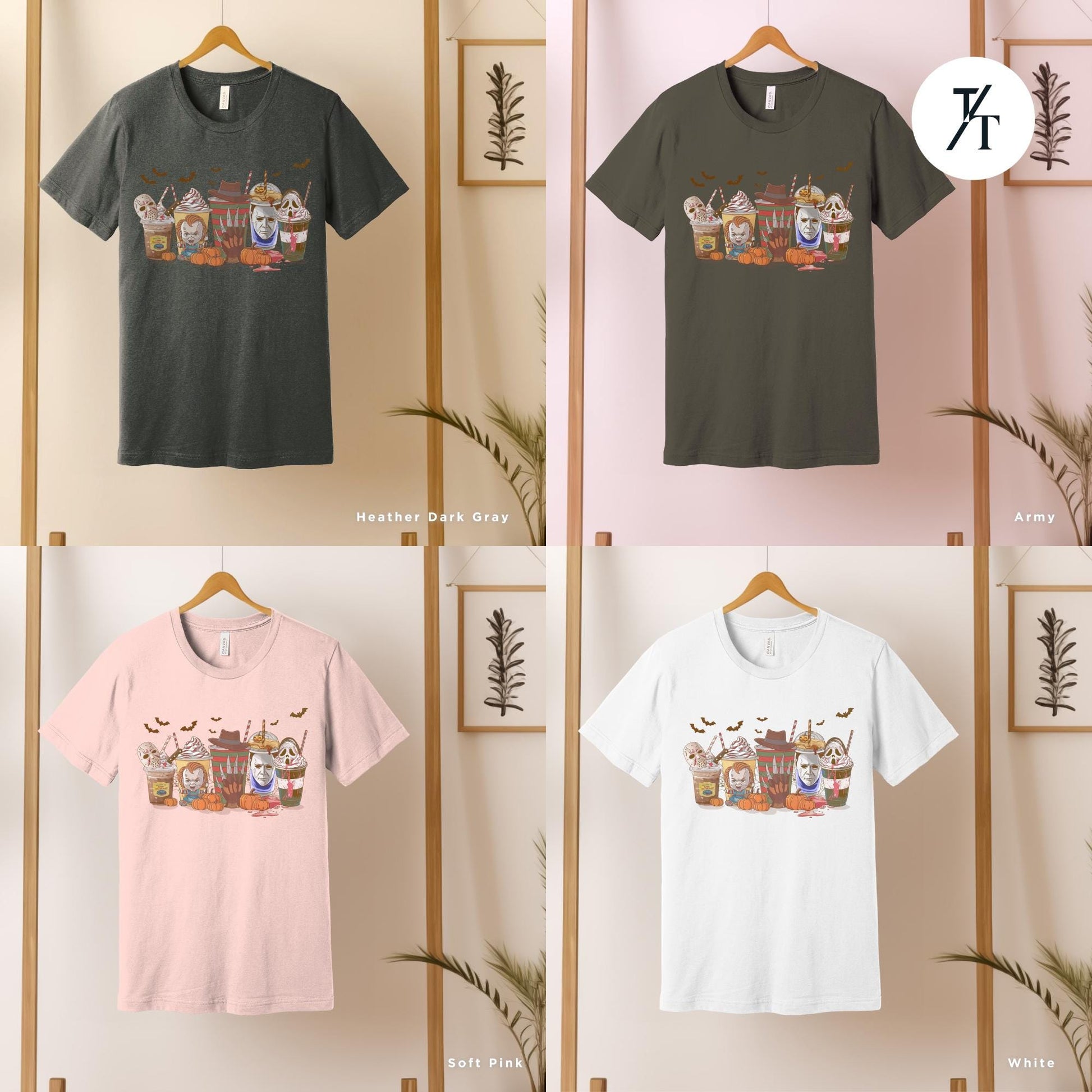 a group of t - shirts hanging on a wall, a group of Halloween horror characters on coffee cups , Halloween horror characters coffee shirt, Horror Character Coffee Cups Shirt, Halloween Drink Cozy Fall Pumpkin Spice Latte Womens Fall tee