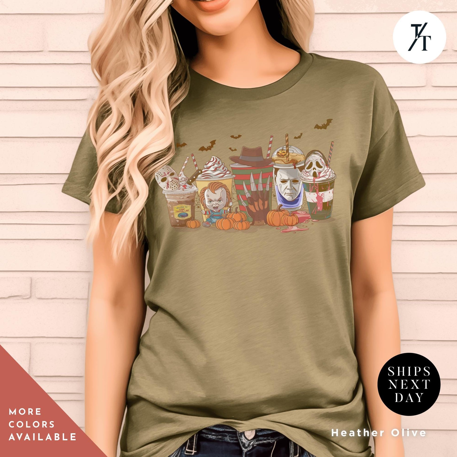 a woman wearing a t - shirt that has a picture of a group of Halloween horror characters on coffee cups , Halloween horror characters coffee shirt, Horror Character Coffee Cups Shirt, Halloween Drink Cozy Fall Pumpkin Spice Latte Womens Fall tee