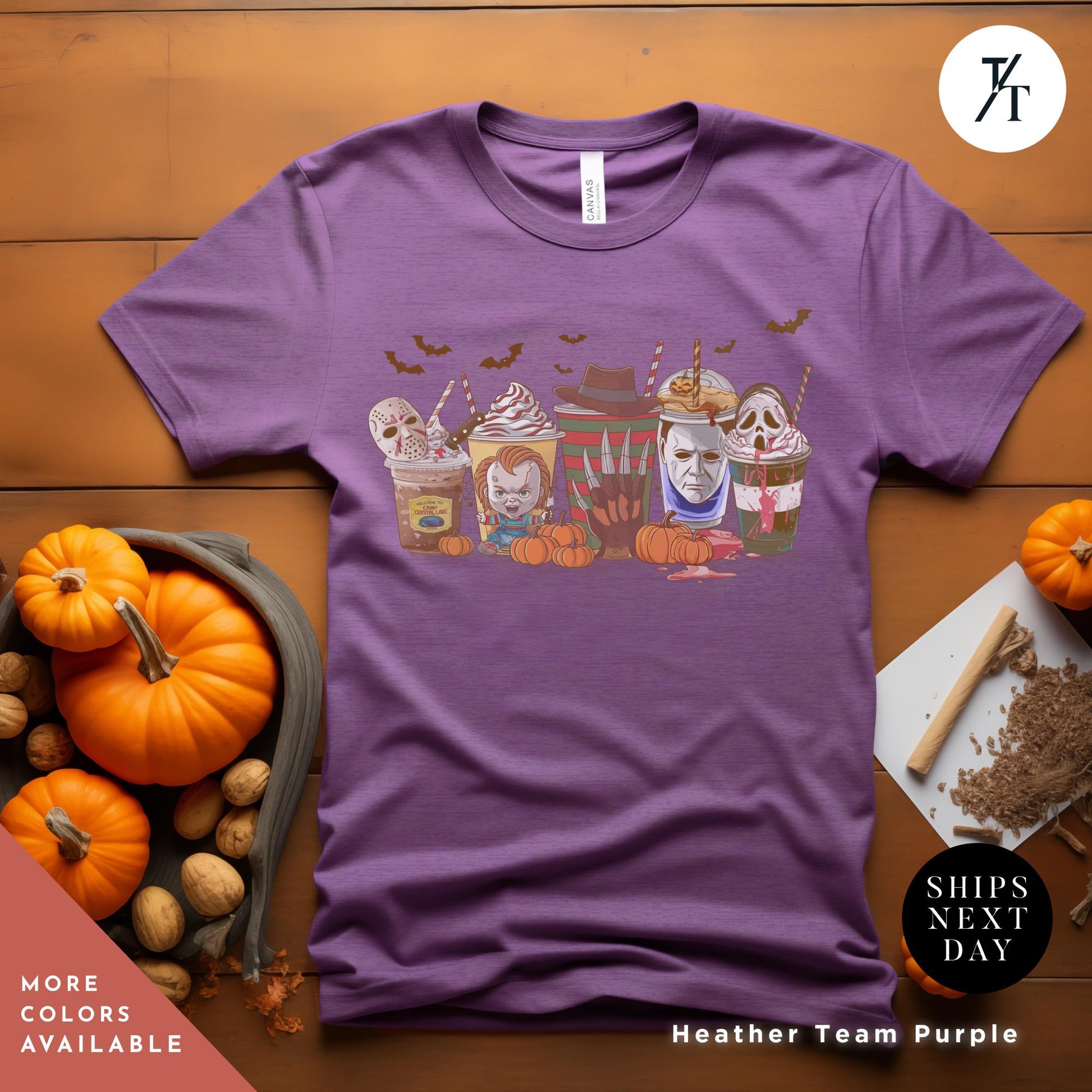 a purple t - shirt with a picture of a group of Halloween horror characters on coffee cups , Halloween horror characters coffee shirt, Horror Character Coffee Cups Shirt, Halloween Drink Cozy Fall Pumpkin Spice Latte Womens Fall tee