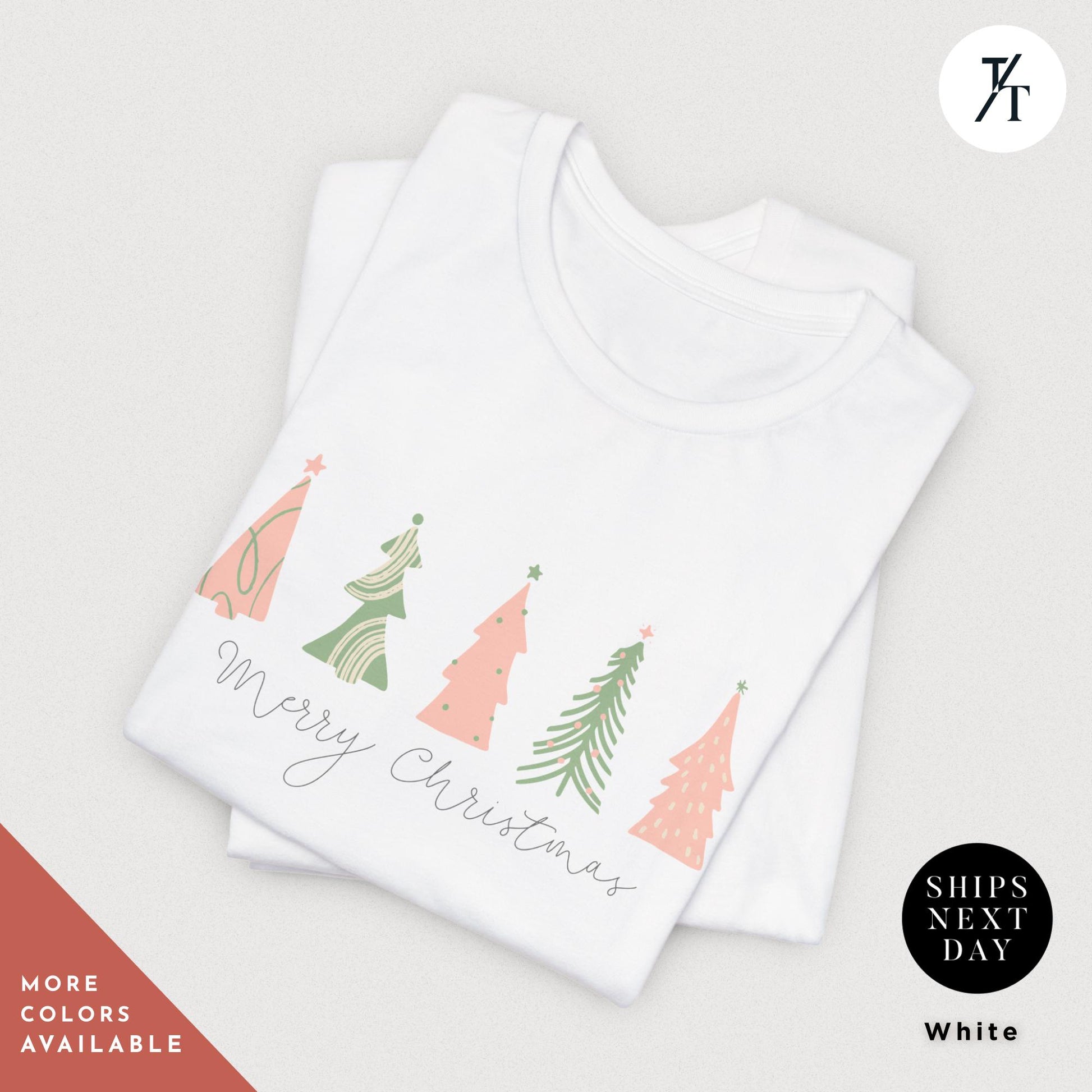 a shirt with 4 pink Christmas trees that says &quot;Merry Christmas&quot; North Pole Christmas Tree Farm Shirt, Coquette Pink Christmas Tree Shirt, Xmas Gift, Farm Fresh Xmas Shirt, Women Holiday Tee