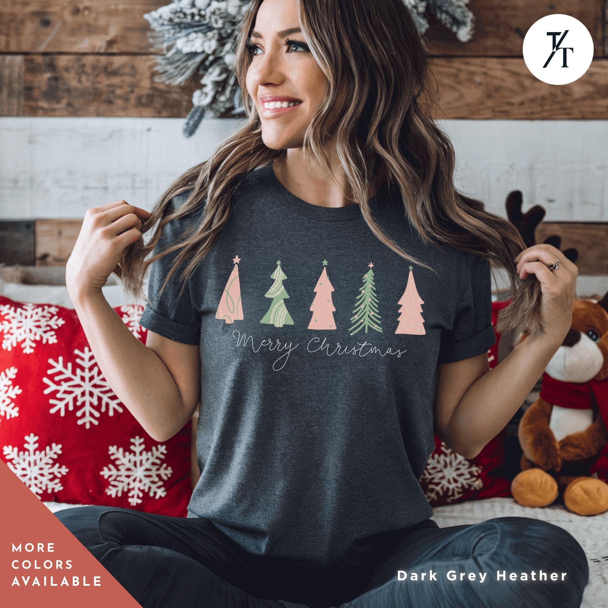 a woman sitting on a bed wearing a merry christmas t - shirt, North Pole Christmas Tree Farm Shirt, Coquette Pink Christmas Tree Shirt, Xmas Gift, Farm Fresh Xmas Shirt, Women Holiday Tee