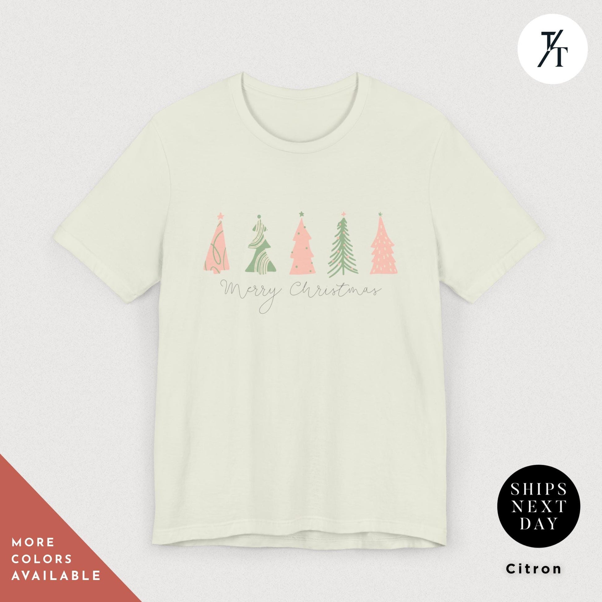 a citron-colored  t - shirt a with 4 pink Christmas trees that says &quot;Merry Christmas&quot; North Pole Christmas Tree Farm Shirt, Coquette Pink Christmas Tree Shirt, Xmas Gift, Farm Fresh Xmas Shirt, Women Holiday Tee