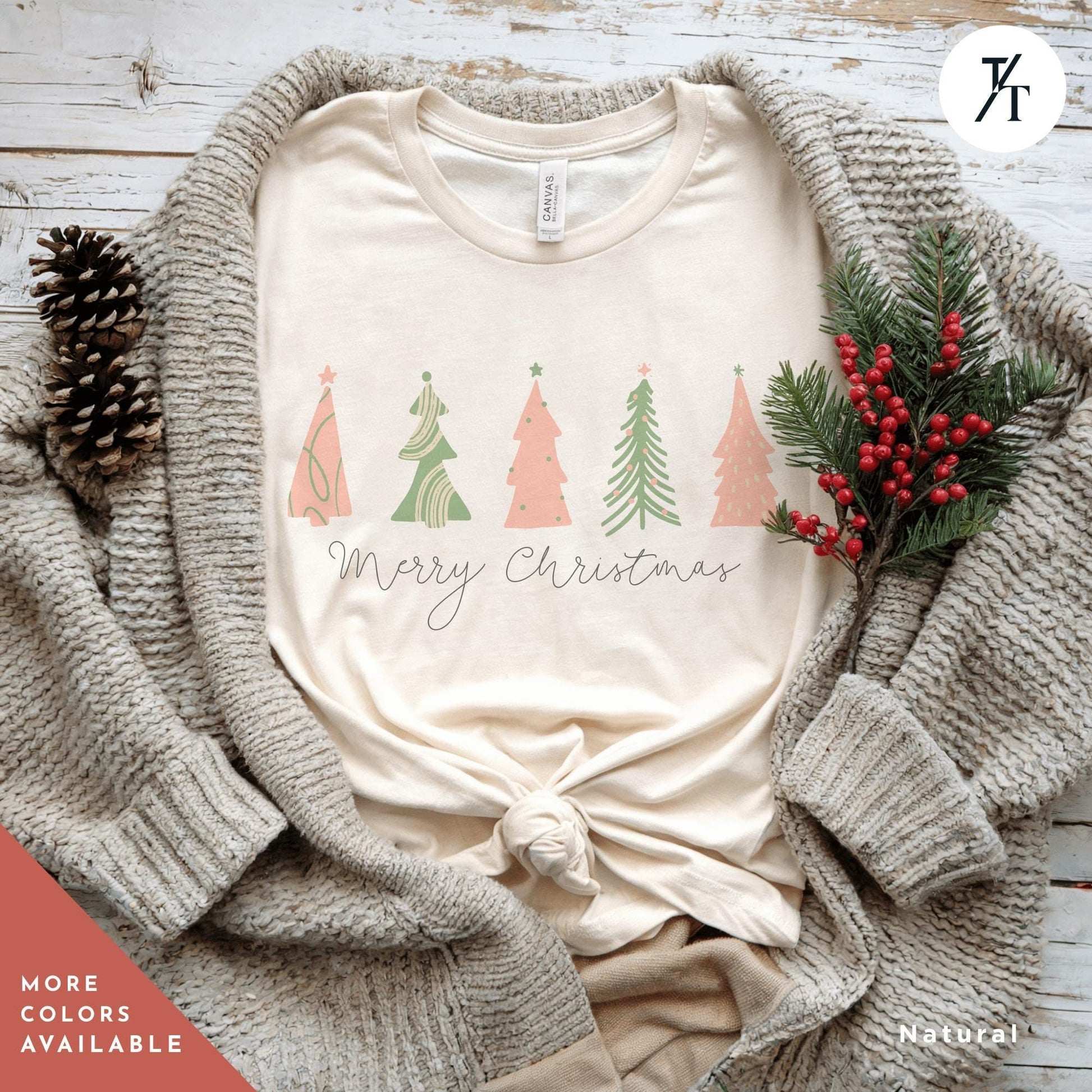 a shirt with 4 pink Christmas trees that says &quot;Merry Christmas&quot; North Pole Christmas Tree Farm Shirt, Coquette Pink Christmas Tree Shirt, Xmas Gift, Farm Fresh Xmas Shirt, Women Holiday Tee