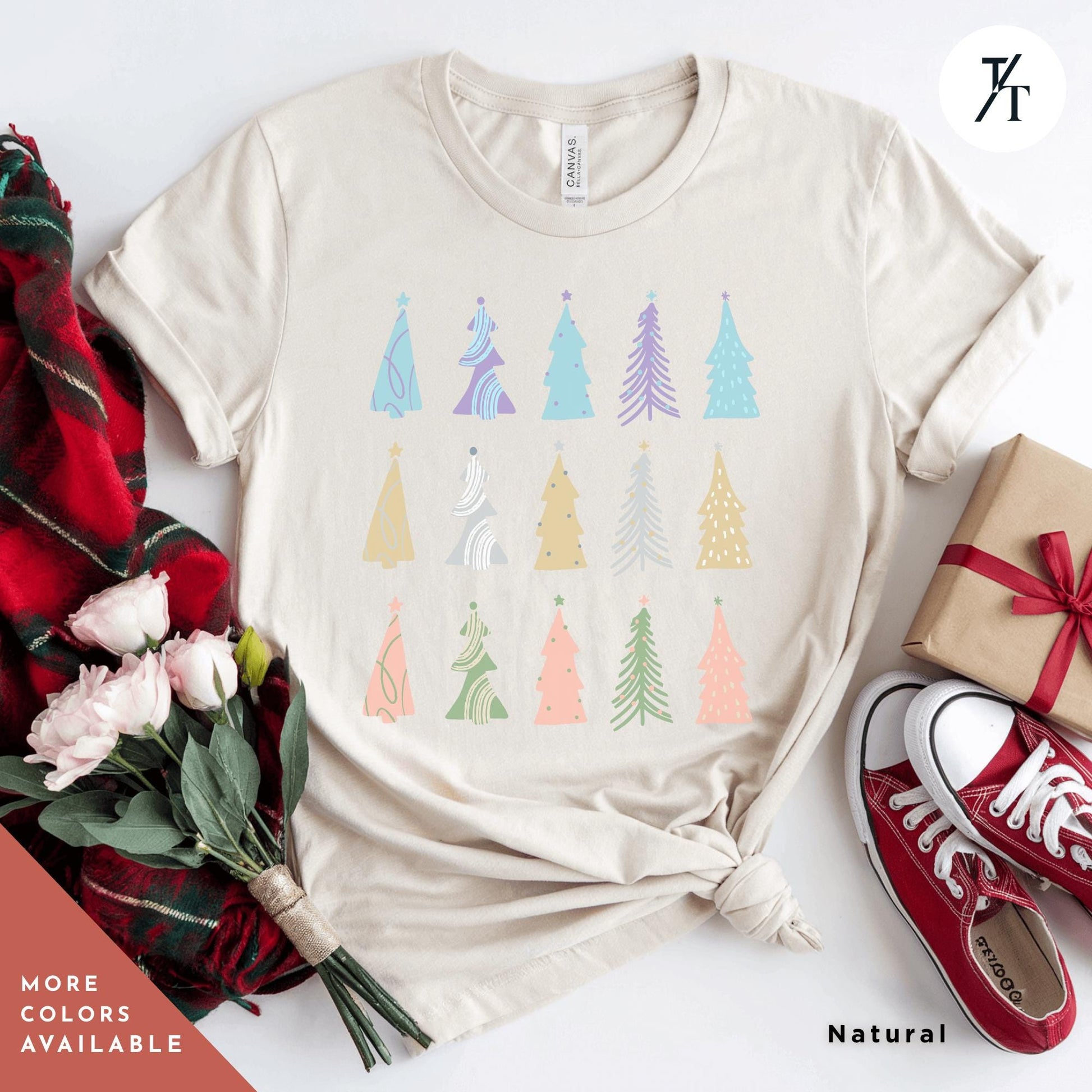 a t - shirt that has a bunch of trees on it, Coquette Christmas Tree Shirt, Pine Tree Watercolor tee, North Pole Christmas Farm Shirt, Xmas Gift, Farm Fresh Xmas, Women Holiday Tee,