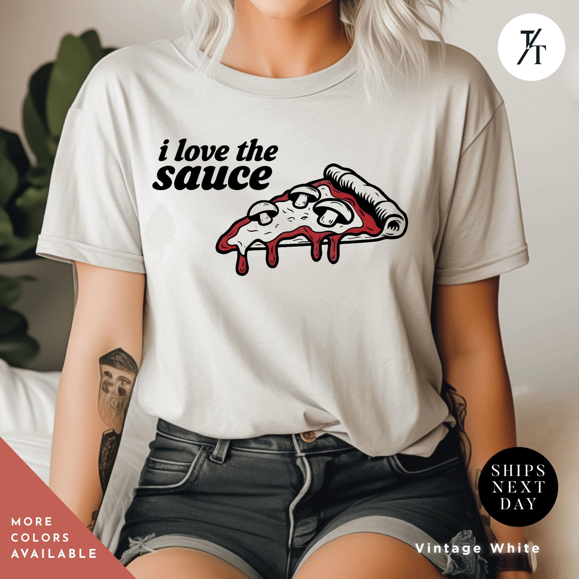 a woman wearing a t - shirt that says i love the sauce, Pizza Lover Gift, Retro Funny Pizza Shirt, Pop Culture Tee, Vintage Pizzas Graphic T-Shirt, Pizzas Theme Birthday Party Shirts,