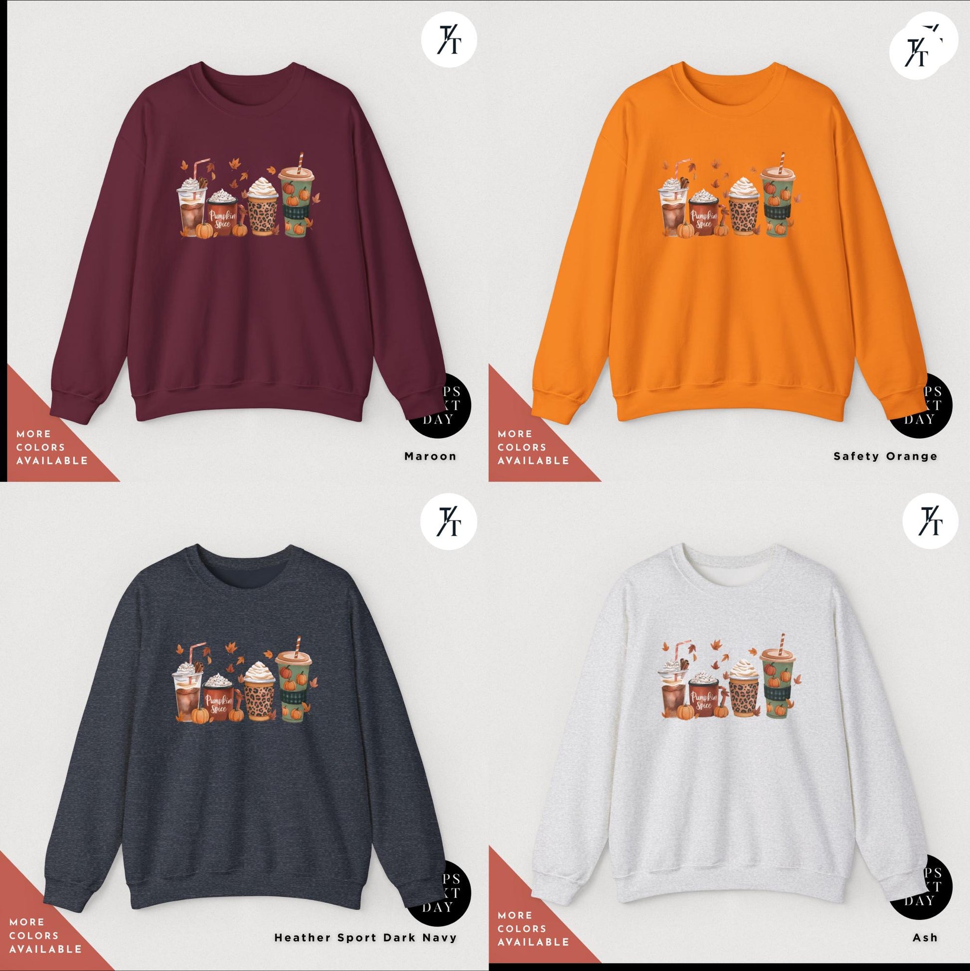 four sweaters with different types of drinks on them,  fall coffee sweatshirt for women, thanksgiving sweater, Thanksgiving Shirt, pumpkin spice sweatshirt, fall crewneck tee, pumpkin spice shirt