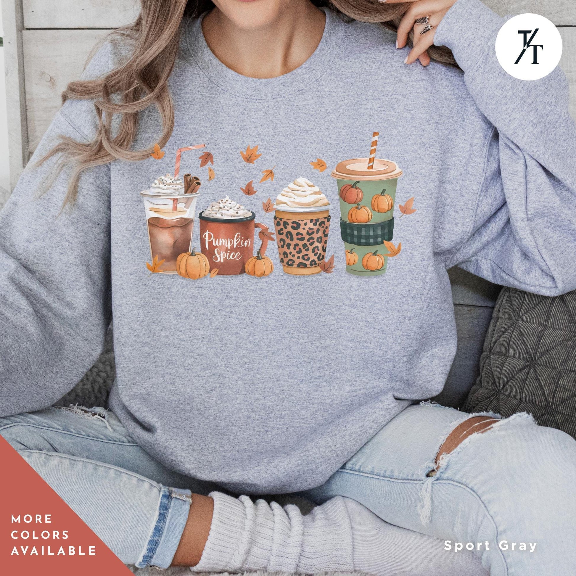 a woman sitting on a chair wearing a sweatshirt with coffees on it,  fall coffee sweatshirt for women, thanksgiving sweater, Thanksgiving Shirt, pumpkin spice sweatshirt, fall crewneck tee, pumpkin spice shirt