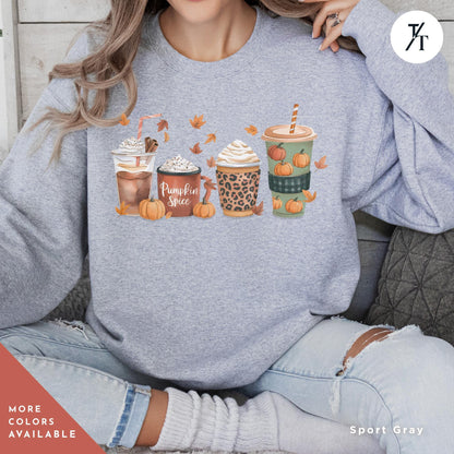 a woman sitting on a chair wearing a sweatshirt with coffees on it,  fall coffee sweatshirt for women, thanksgiving sweater, Thanksgiving Shirt, pumpkin spice sweatshirt, fall crewneck tee, pumpkin spice shirt
