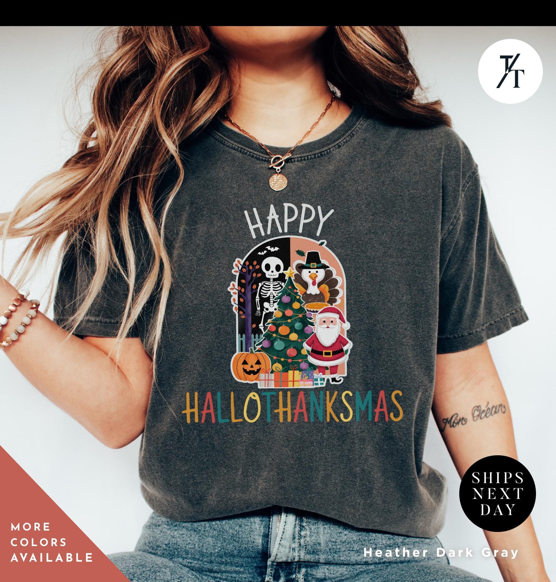 happy hallothanksmas shirt holiday season shirt happy halloween thanksgiving christmas shirts funny halloween gift, fall shirts autumn tee
