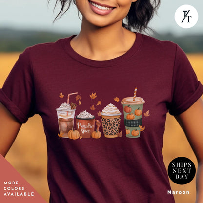 a woman wearing a t - shirt with coffees and pumpkins on it, Cute Fall Pumpkin Coffee Drink Thanksgiving Shirt, Halloween tShirt, Coffee Lover Womens Fall tShirt, Pumpkin Spice tee