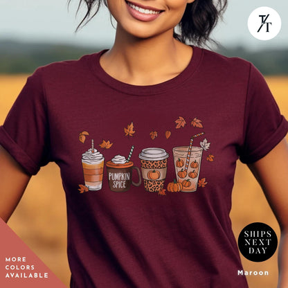 a woman wearing a t - shirt with a picture of coffees and pumpkins, Cute Fall Pumpkin Coffee Drink Thanksgiving Shirt, Halloween tShirt, Coffee Lover Womens Fall tShirt, Pumpkin Spice tee